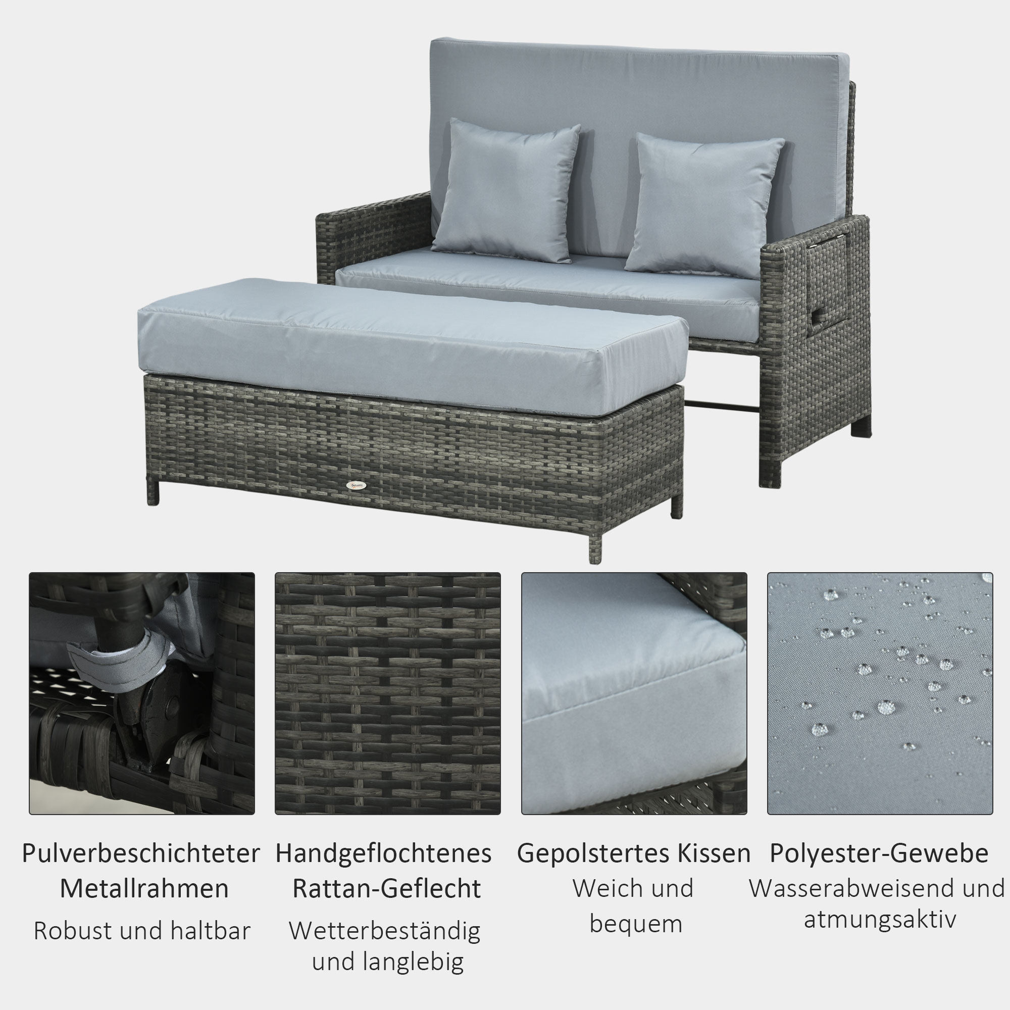 Outsunny Poly-rotan loungebank 2-zits set ligstoel kruk grijs