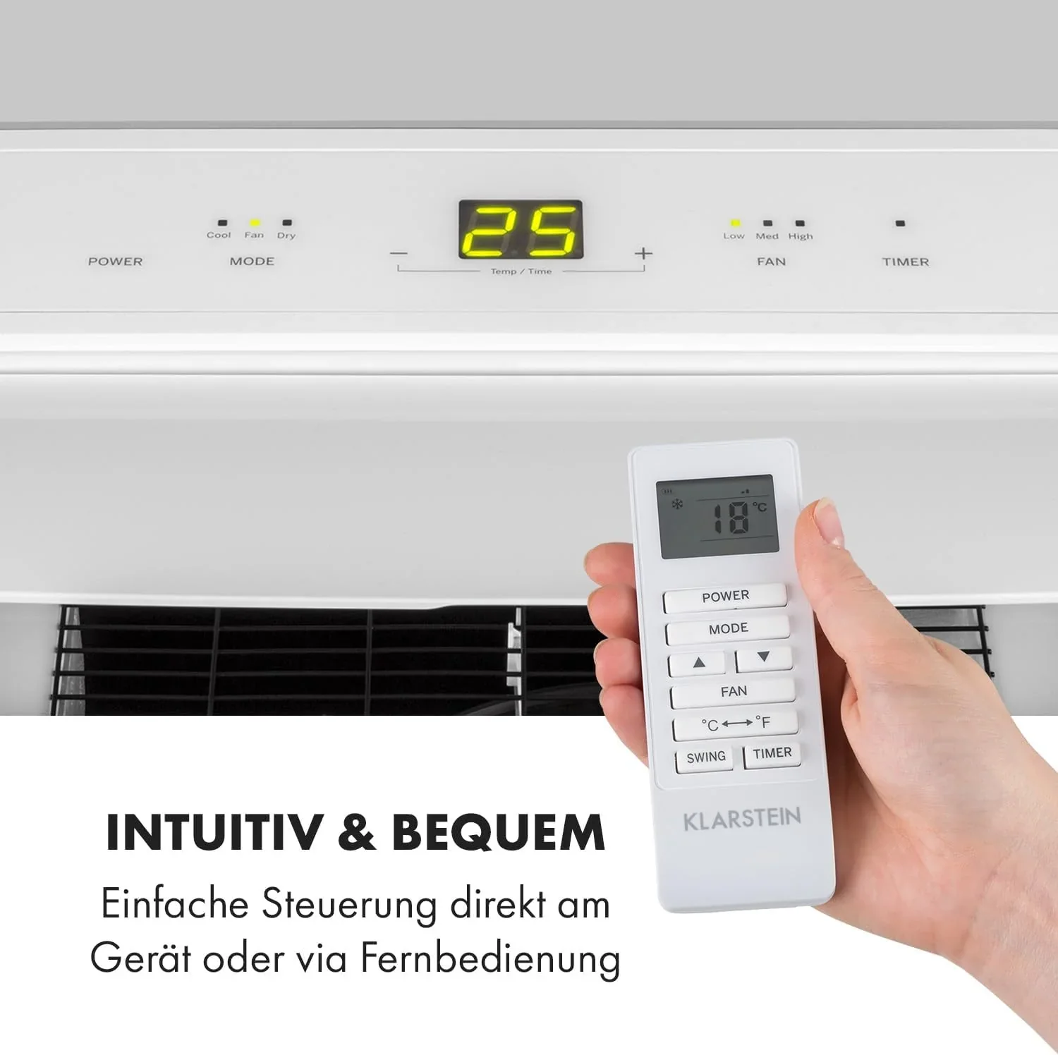 Klarstein Mobile Klimaanlage mit Abluftschlauch, 3-in-1 Klimager?t mit Ventilator, Luftentfeuchter & Nachtmodus, Kleine & Portable Klimaanlage f��r Wohnung & B��ro, 12000 BTU Niedrig Verbrauch