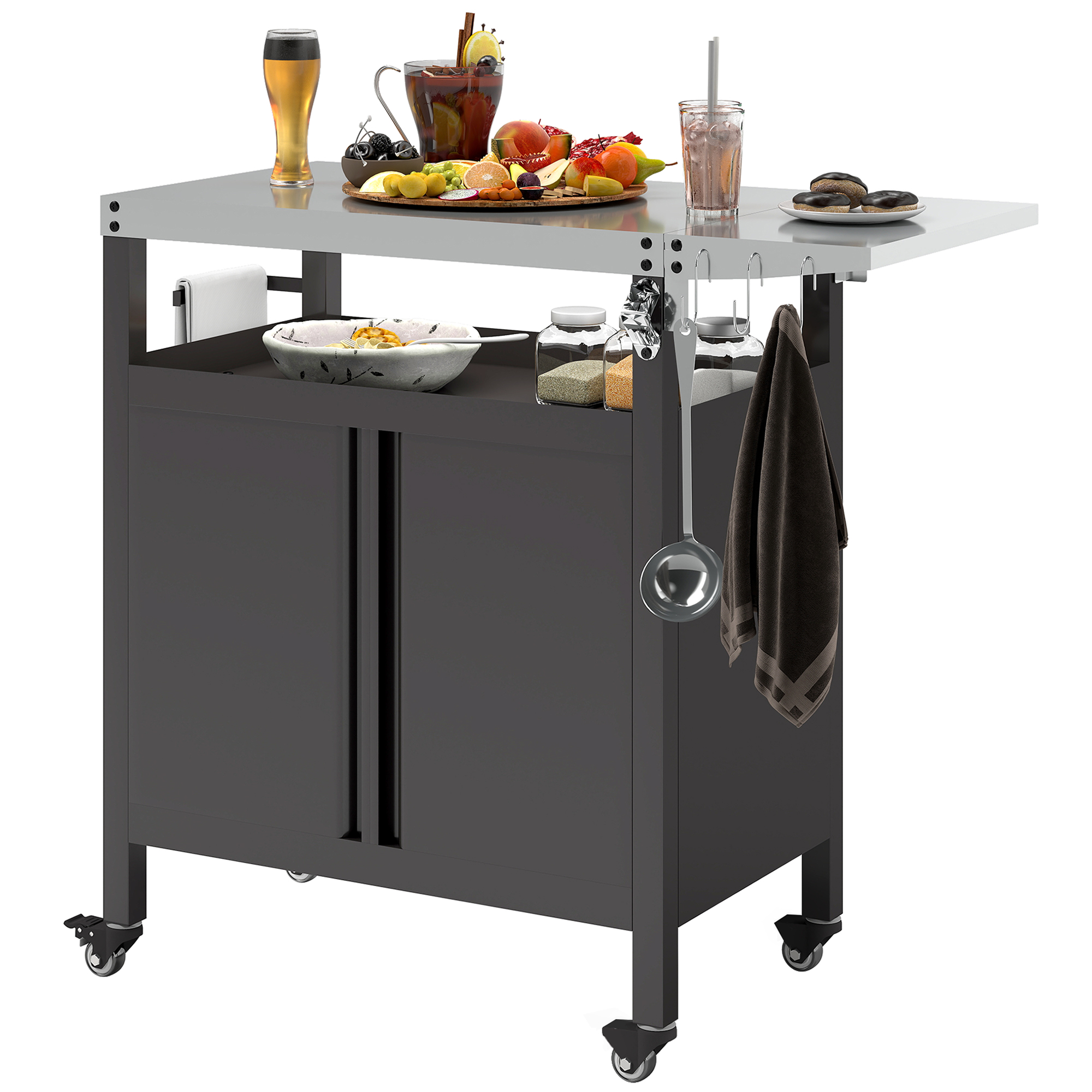 Outsunny Grillwagen met 3 Niveaus Serveerwagen met Werkblad Schrank Haken Wieltjes 116x50x93cm Zwart