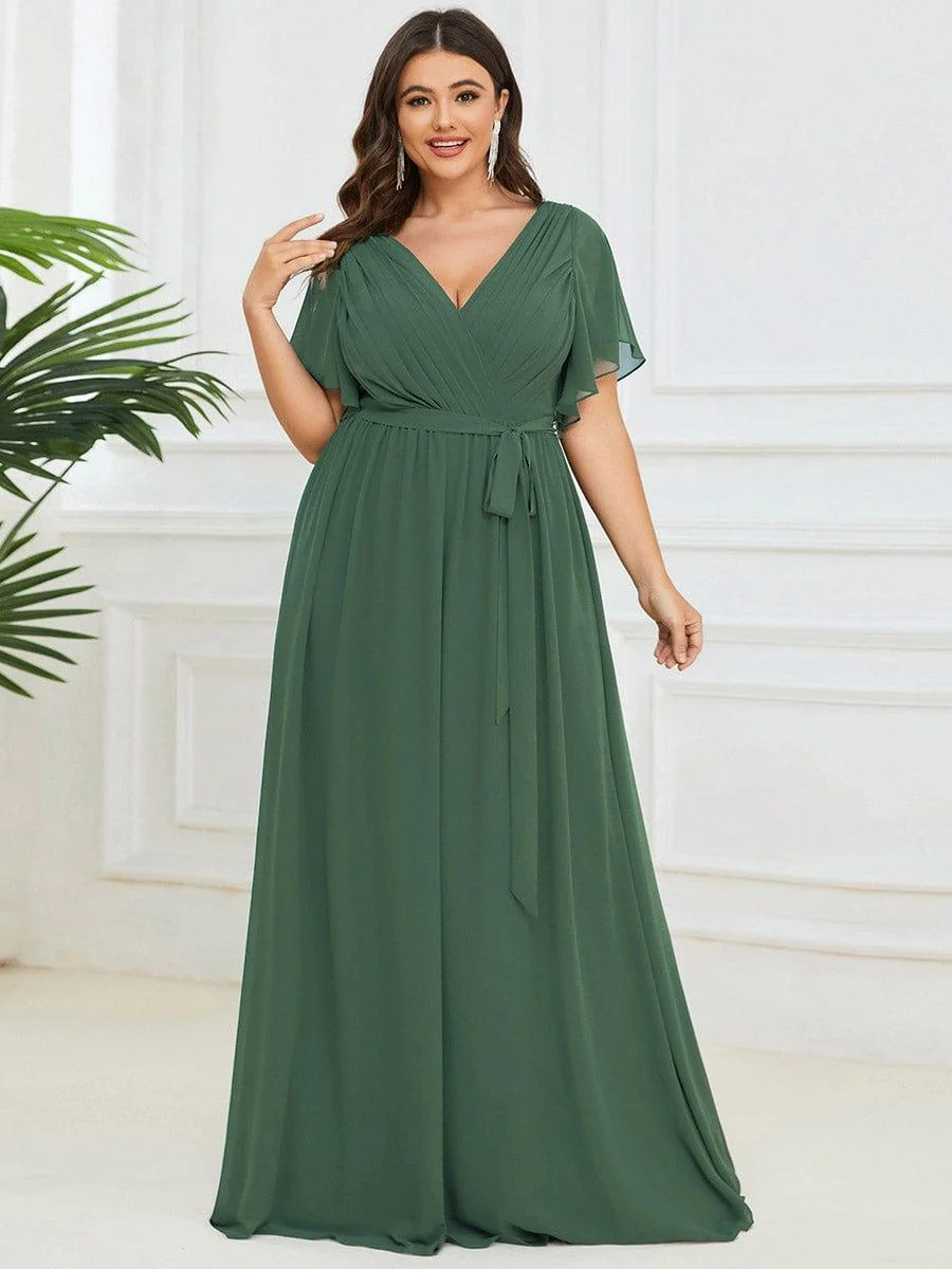 Abendkleid Damen Maxi A-Linie aus Chiffon | Festliches Kleid f��r Hochzeitsg?ste mit V-Ausschnitt und Fl��gel?rmeln