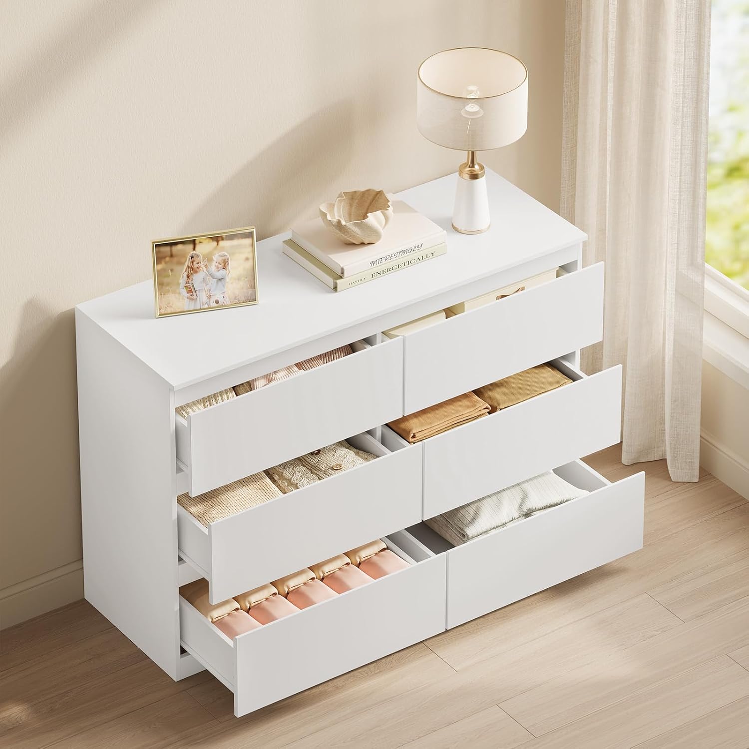 WOLTU Kommode mit 6 Schubladen, Moderner Schubladenschrank für Wohnzimmer, Schlafzimmer oder Flur, aus Holzwerkstoff, 100x69x36 cm, Weiß, KMD007ws