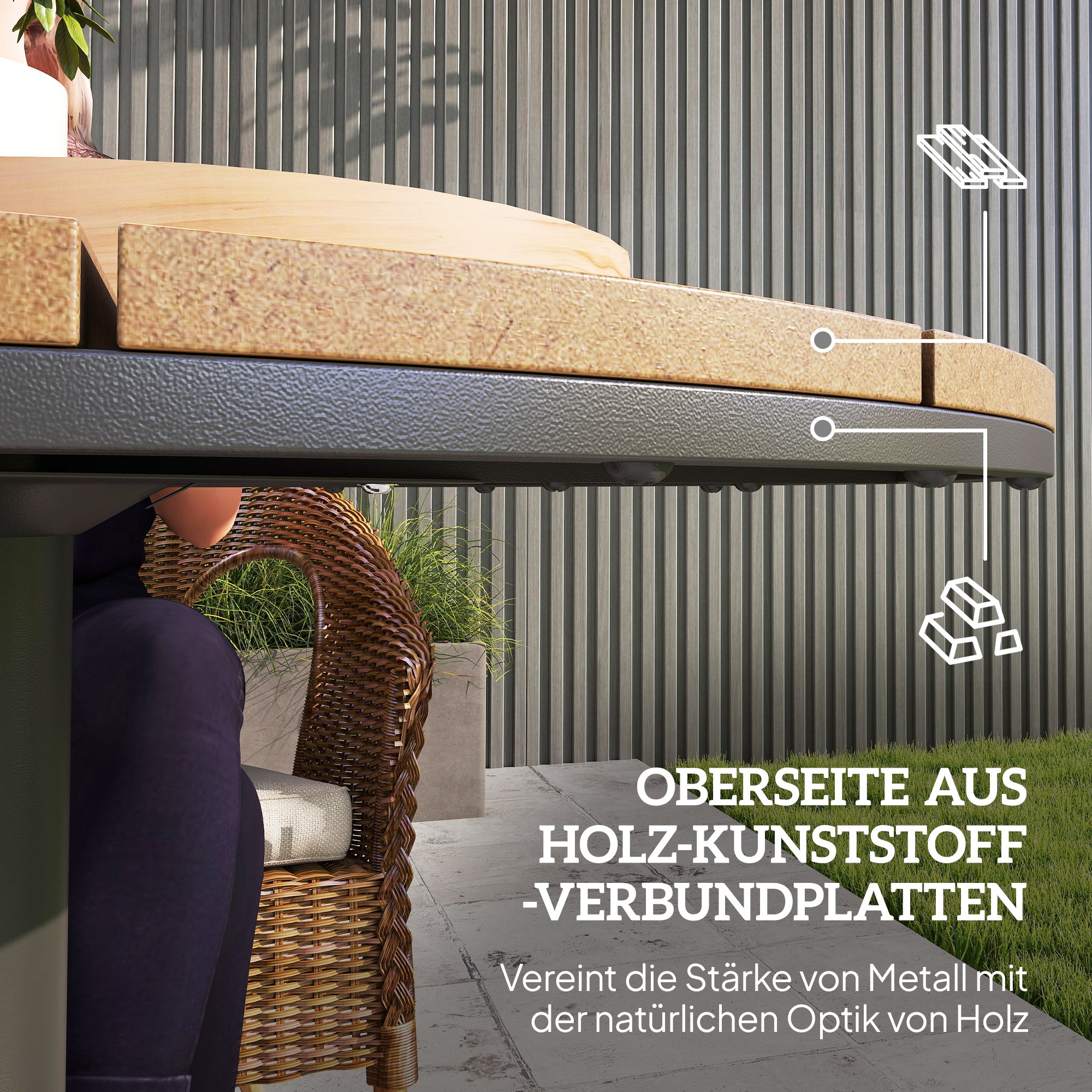Tuintafel ?70 cm, Weerbestendige Ronde Balkontafel met Lamellenontwerp, Staal ?70 x 74H cm Natuurlijk Hout