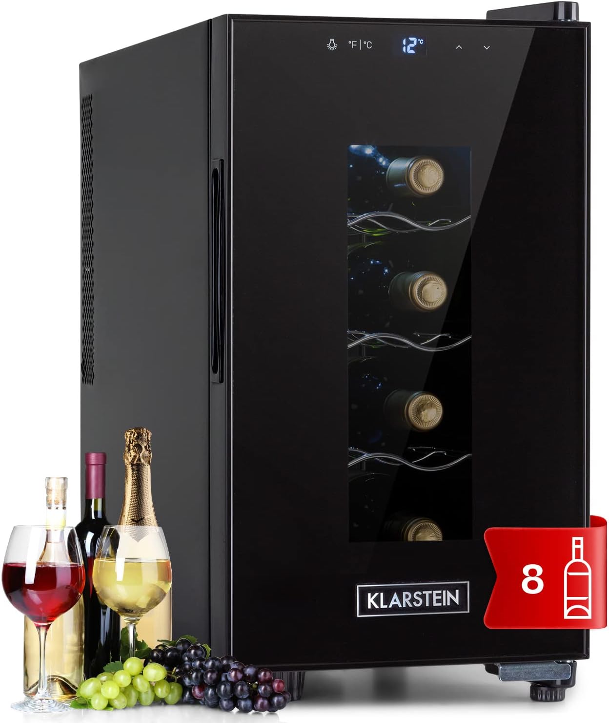 KLARSTEIN Cave a Vin, Réfrigérateur Bar/à Vin sur Pieds avec Porte en Verre, Cave à Vin de Vieillissement, Prosecco, Bière, Ecran Tactile, Frigo, Protection UV, 11-18°C, 8 Bouteilles