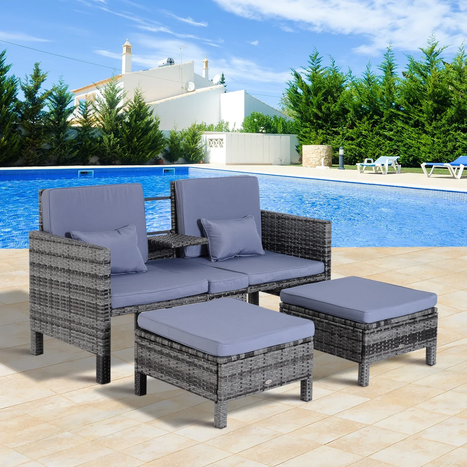Outsunny Polyrattan Tuinbank Set 3-delig 2-in-1 Rugleuning Buiten