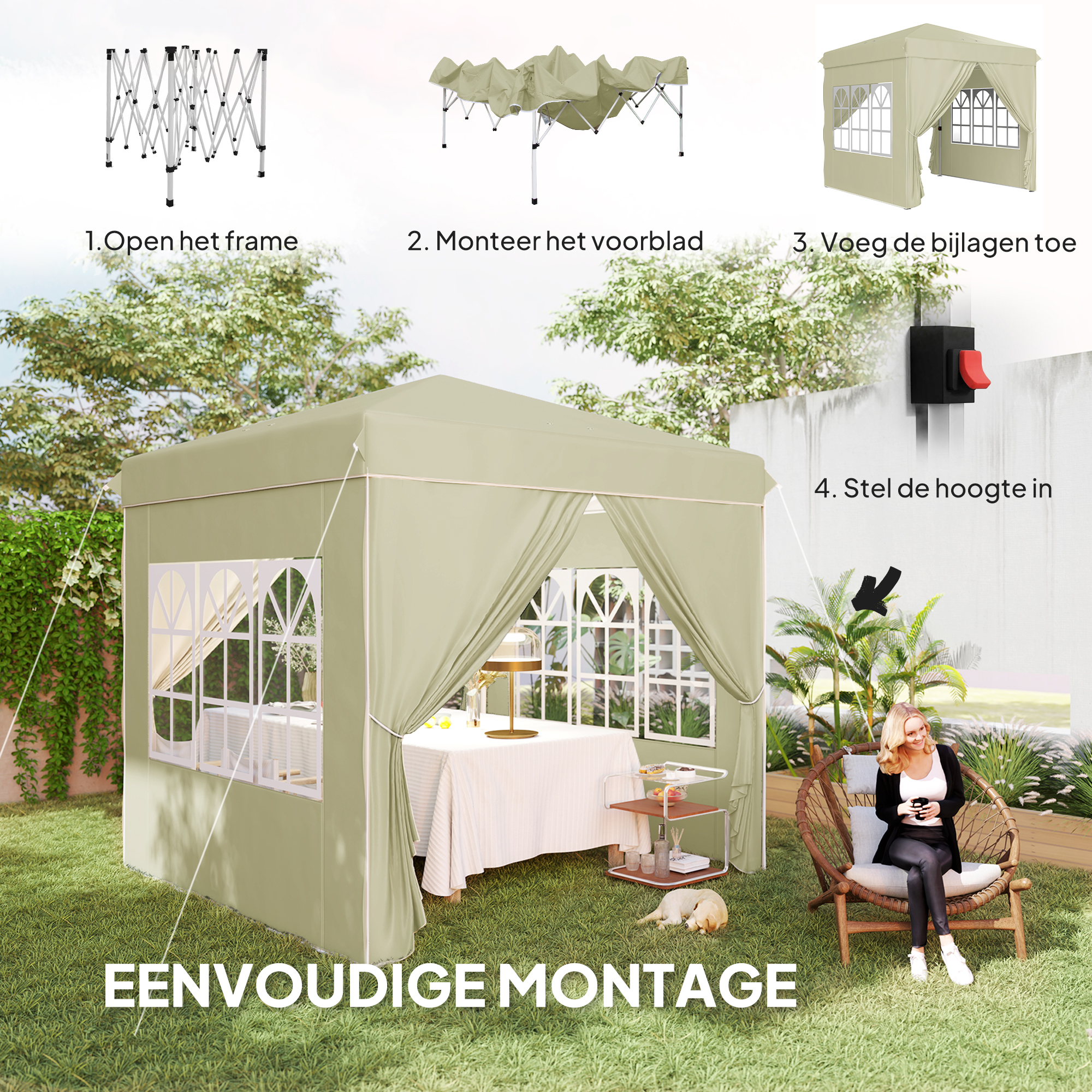 2,5 x 2,5 m Pop-up paviljoen met zijwanden en draagtas, UPF50+ in hoogte verstelbaar tuinpaviljoen, Cr��mewit