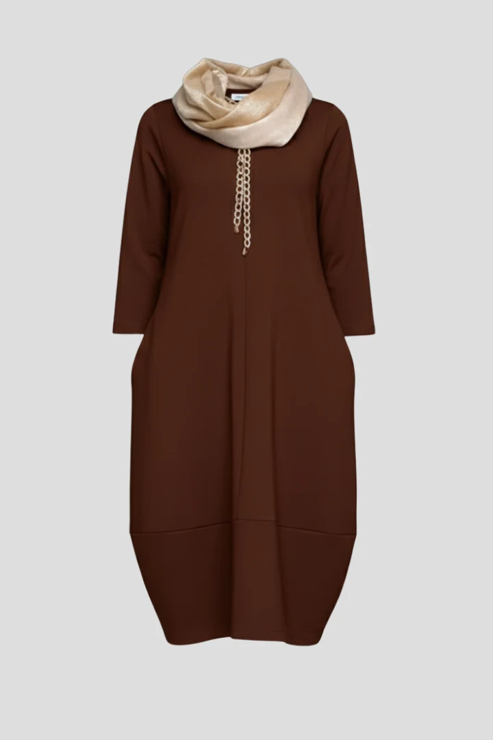 Midikleid Damen mit Taschen | A-Linie Kleid mit Rundhals und 3/4 Arm | Bequemes Freizeitkleid mit strukturierter Oberfl?che
