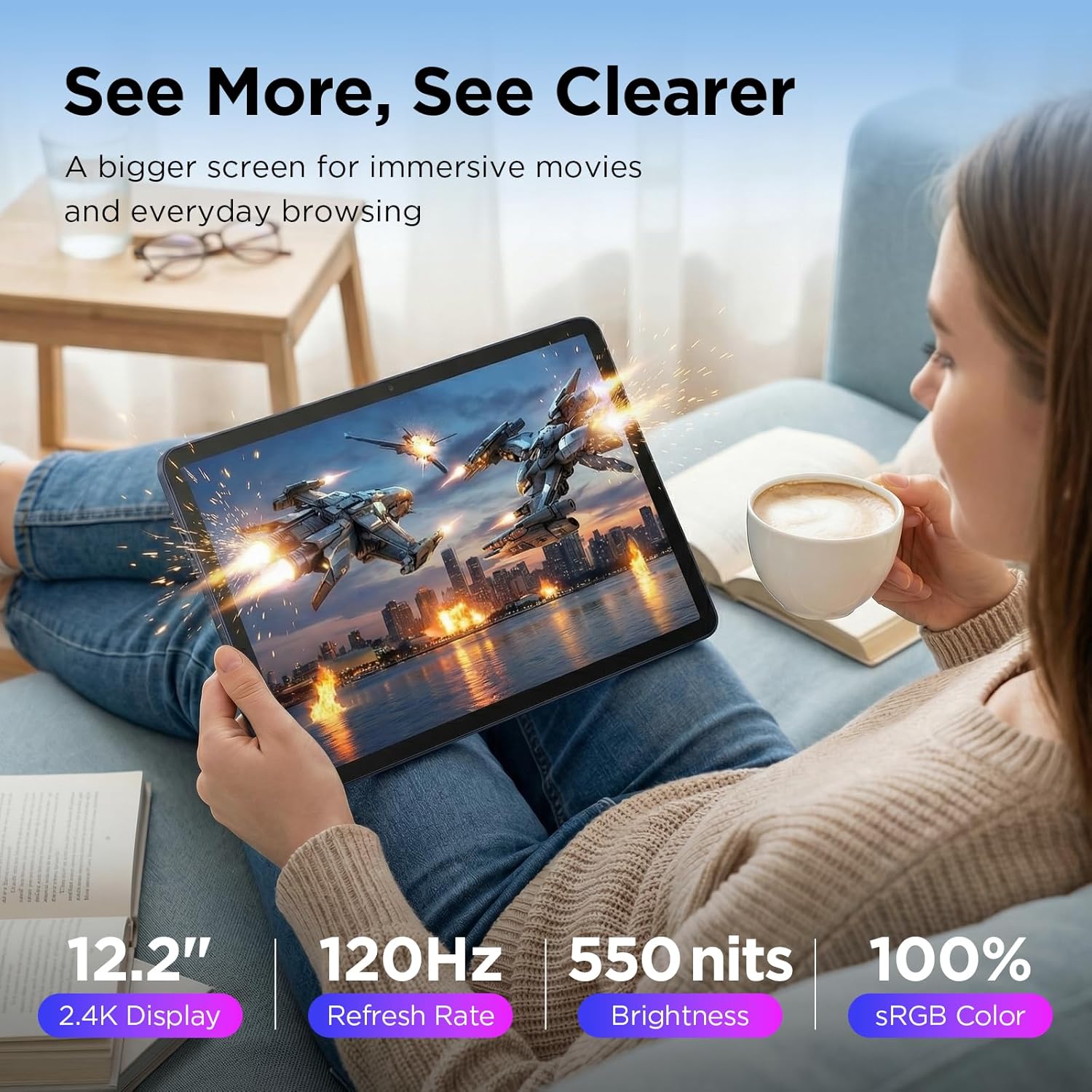 TCL TAB A1 Plus Android Tablet, 12.2�� 2.4K 120Hz Display, 16GB RAM (6GB+10GB), 128GB Storage, AI Tools, 8000mAh Battery, Android 16, Quad Speakers, Tablet for Work, Study & Entertainment