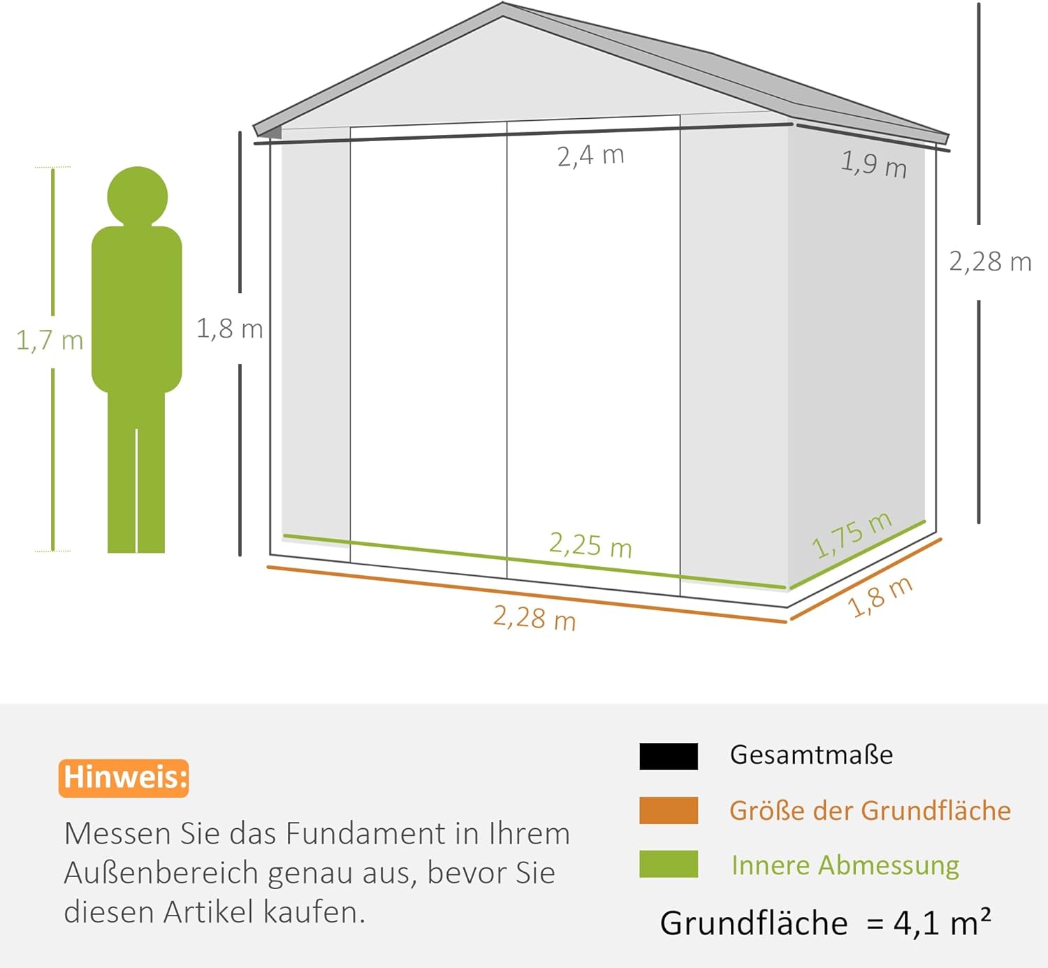 Outsunny Gerätehaus 4,1m² Geräteschuppen mit Satteldach, Kunststoff Gartenchuppen mit abschließbarer Tür, Belüftungsöffnung, Fenster und Fundament, Gartenhaus für Garten, 240 x 190 x 228 cm Hellgrau