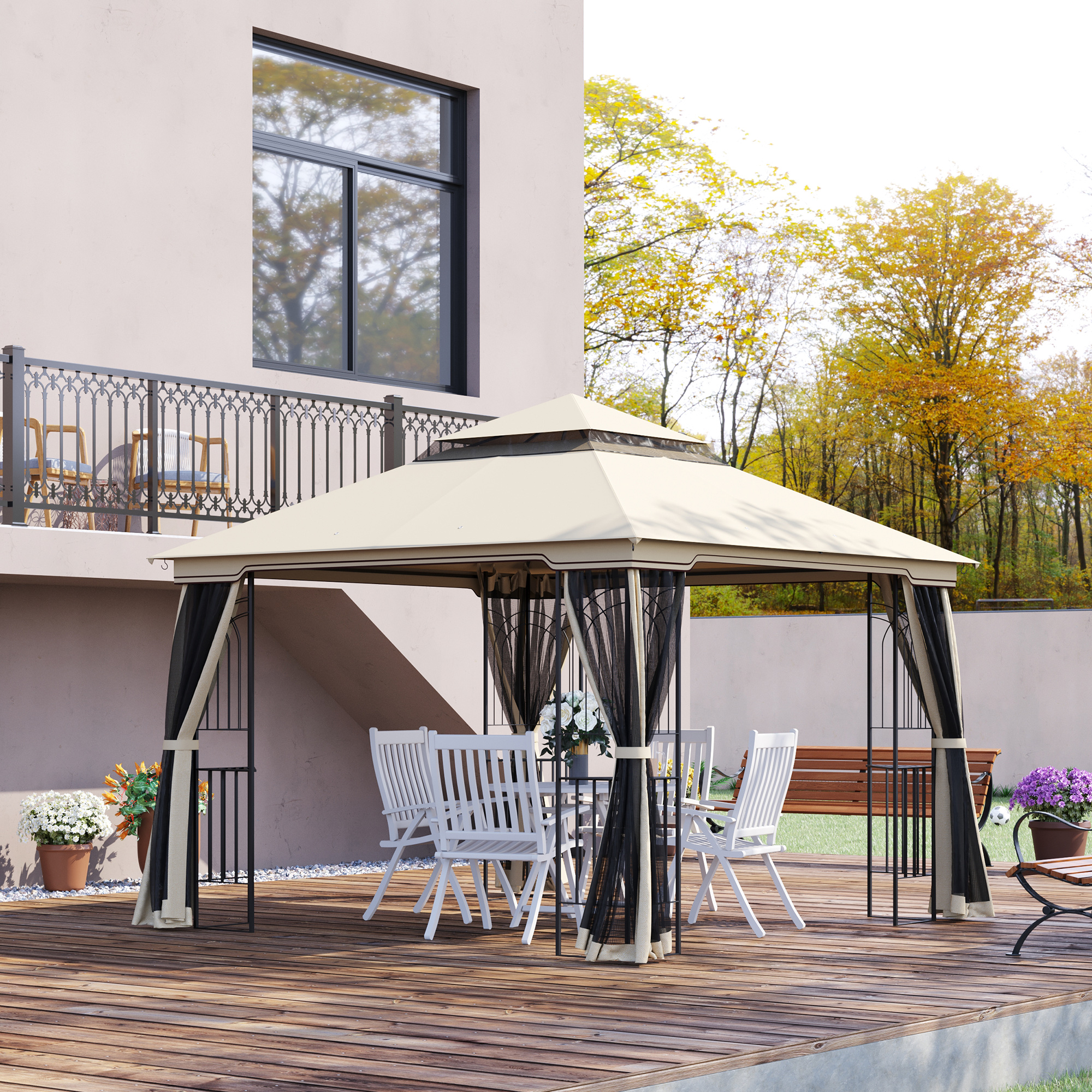 tuinprieel met dubbel dak tuinprieel partytent met 4 x zijwand metaal+polyester beige 2,99 x 2,99 x 2,74 m