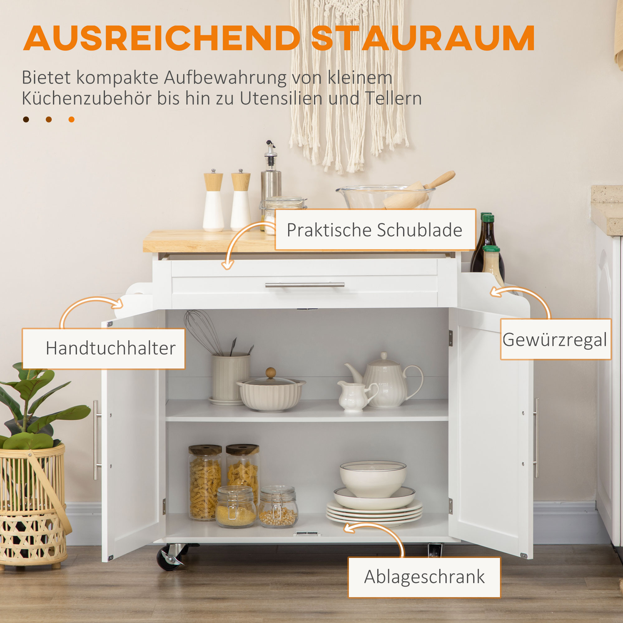 Keukentrolley Serveerwagen Keukeneiland, 1 Kruidenrek, 1 Handdoekhouder, 109 cm x 40 cm x 89 cm, Wit