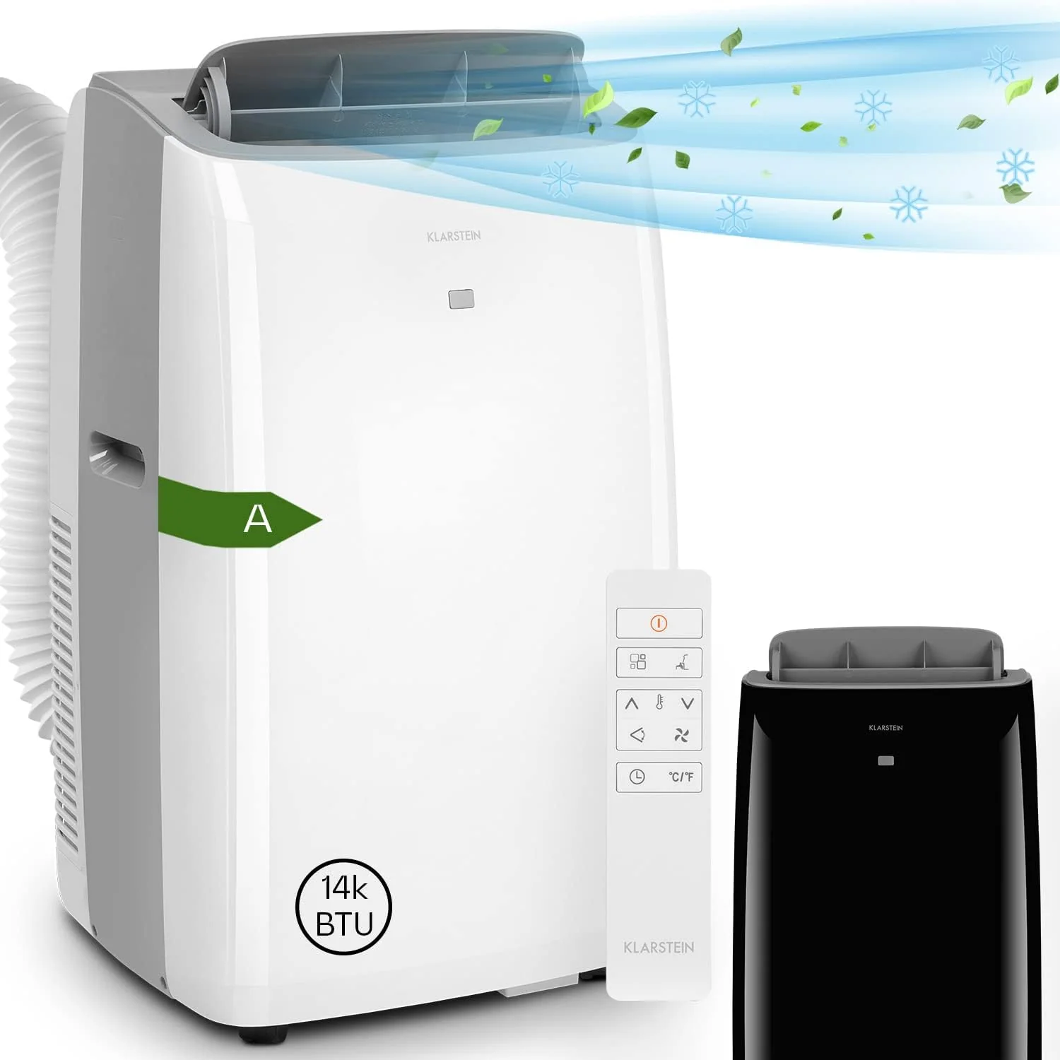 Klarstein Mobiele Airconditioner met Afvoerslang, 4-in-1 Airco, Ventilator, Luchtontvochtiger & Nachtmodus, Kleine & Draagbare Airco voor Thuis & Kantoor, Laag Verbruik, 14000BTU