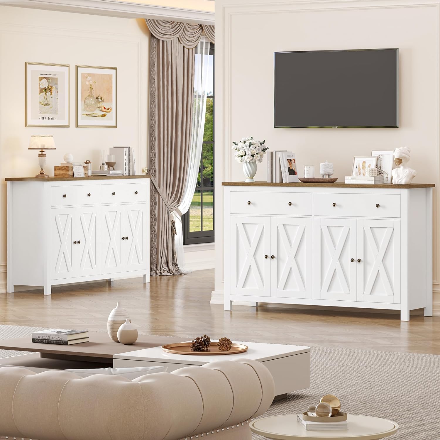 FirFurd Sideboard 140cm Breit Küchenschrank mit Arbeitsplatte Buffetschrank mit 2 Schubladen und 4 Türen Küchenbuffet mit Verstellbares Regal Sideboard für Küche Wohnzimmer Esszimmer weiß 140x89x40 cm