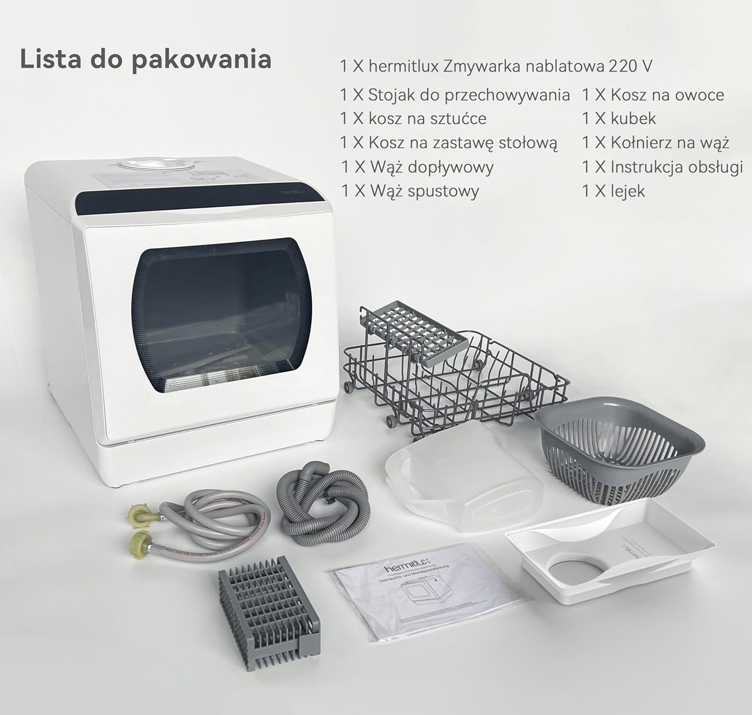 Mini zmywarka stołowa, do użytku z i bez podłączenia do wody, szerokość 43 cm, miejsce na 4 sztućce, do użytku na kempingu, 175 kWh/rok, biały