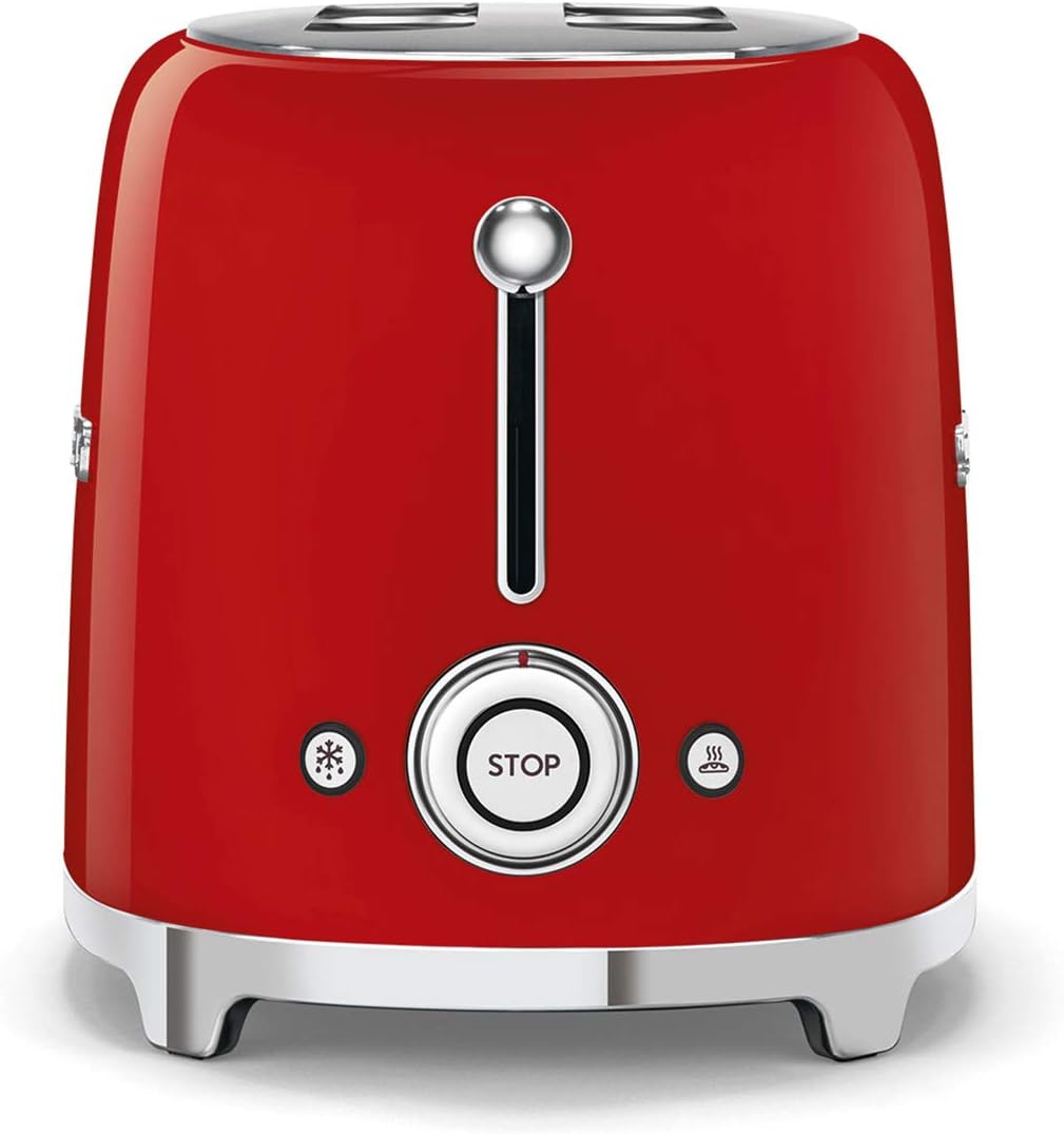 Smeg, 2x2 TSF01RDEU -Toaster, 2 Schlitze für 2 Scheiben, 6 Vergoldungsniveaus, Heizfunktion, Abtau- und Bagel- Funktion, Sammelschublade, 950W, Rot