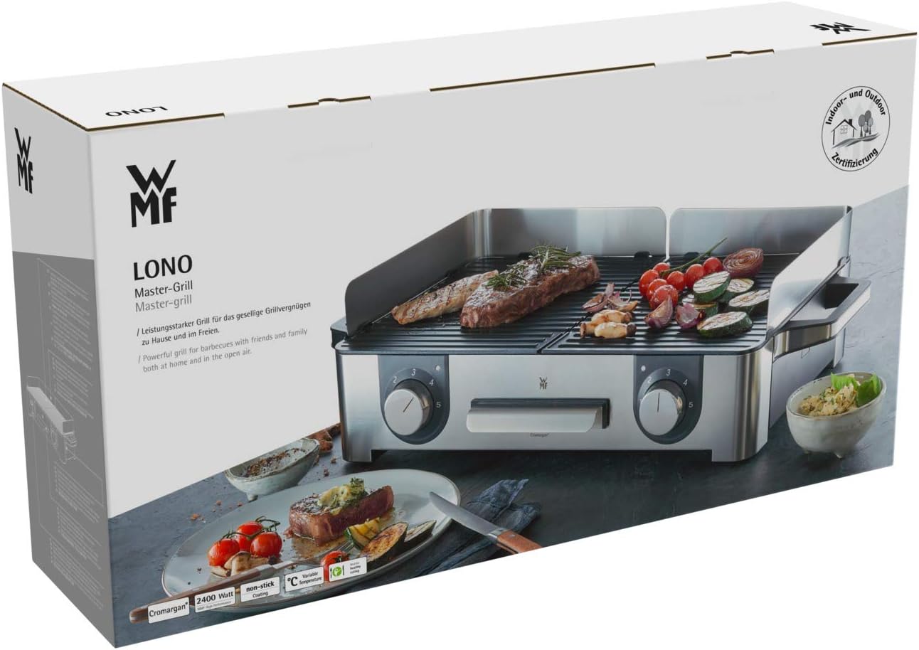 WMF Lono Master-Grill, Elektrogrill, 50x28 cm, Elektrogrill Tischgrill mit Windschutz und Auffangschale, Outdoorzertifiziert für Barbecue, 2 getrennt regulierbare Grillflächen, 2400 W, edelstahl matt