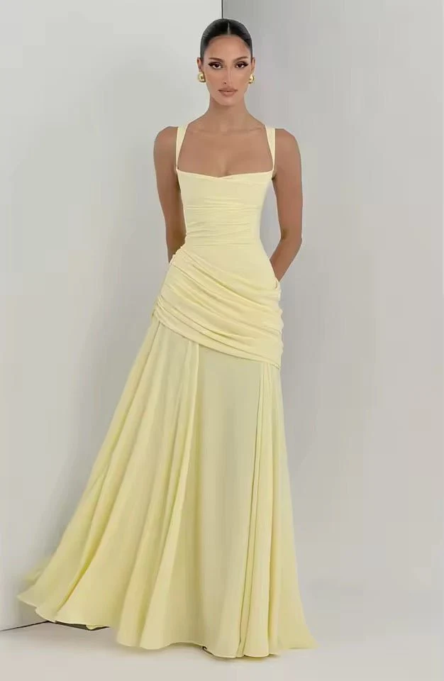 Maxikleid Damen f��r Hochzeitsg?ste | Elegantes Viskose Kleid mit Raffung und Herzausschnitt | Bodenlanges Abendkleid