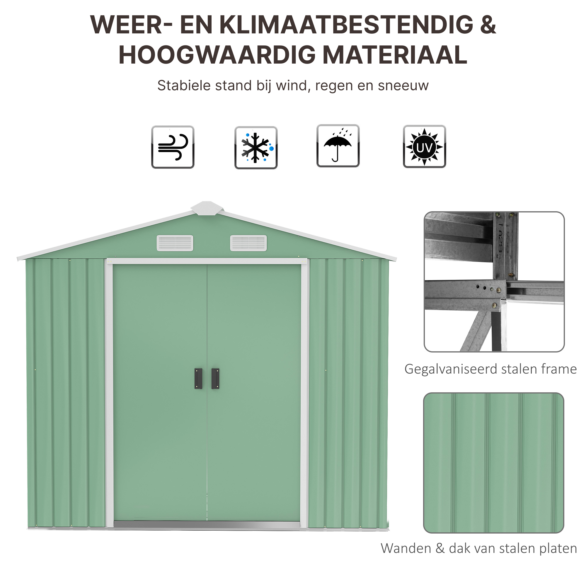 Outsunny gereedschapsschuur, tuinhuisje, met schuifdeuren, fundering, weerbestendig, staal, groen, 213 x 130 x 185 cm