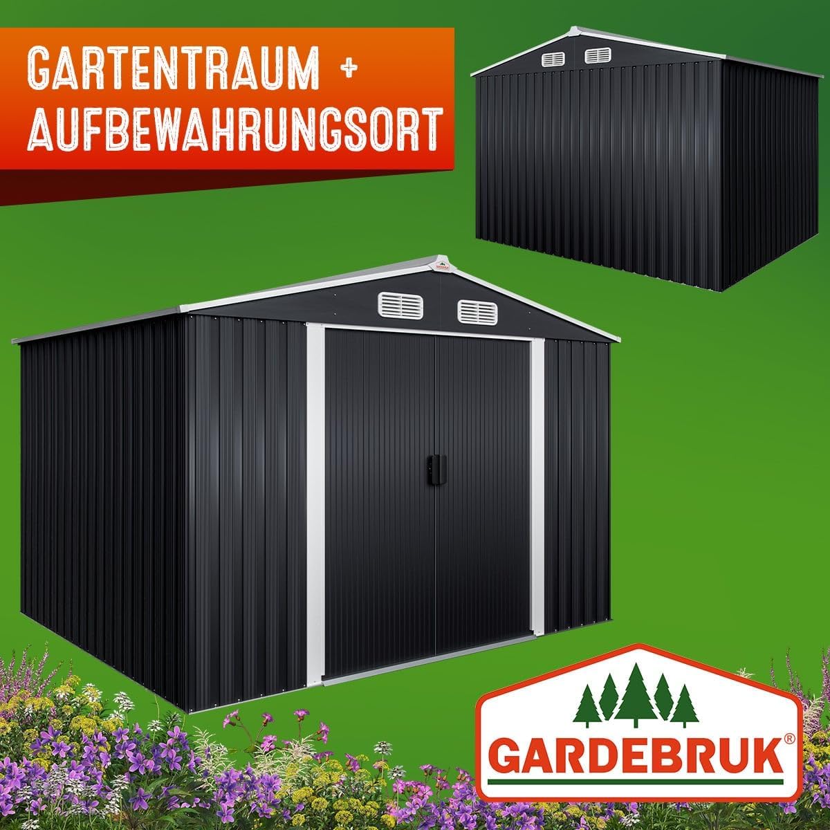 GARDEBRUK® XXL Metall Gerätehaus 5m² mit Fundament 257x205x178cm Schiebetür Anthrazit Geräteschuppen Gartenhaus 9m³