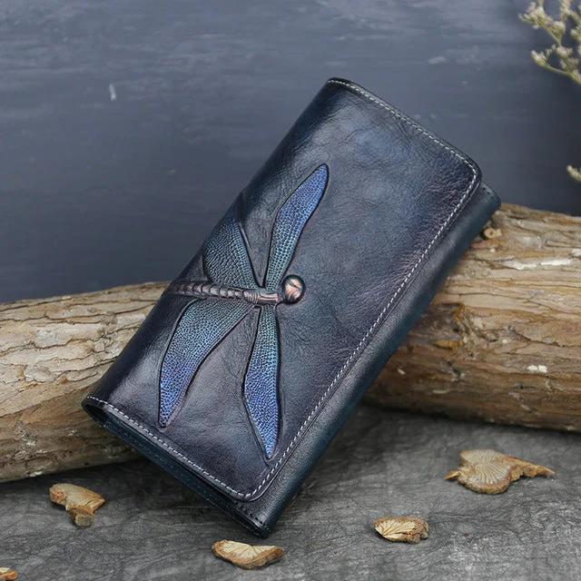 Personalized Wallet Womens Leather Wallet Purse Drangonfly Embossed Clutch Wallets for Women