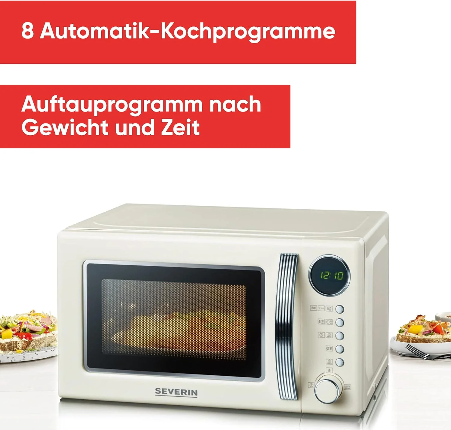 SEVERIN 2-in-1 Retromagnetron met grillfunctie, grilloven met 5 vermogensniveaus en 8 automatische programma's, hoogwaardige magnetron met grill, ca. 700 W, cr��me / chroom, MW 7892