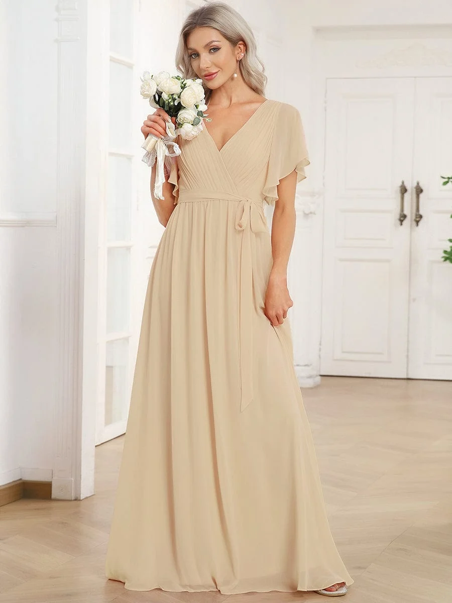 Abendkleid Damen Maxi A-Linie aus Chiffon | Festliches Kleid f��r Hochzeitsg?ste mit V-Ausschnitt und Fl��gel?rmeln