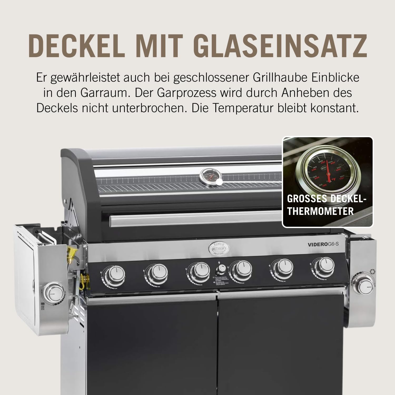 RÖSLE Elektrogrill BBQ-Portable Videro E2-P, tragbarer Tischgrill mit 2 Brennern, Warmhalterost und Deckel mit Glaseinsatz, pulverbeschichteter Stahl, schwarz/silbern