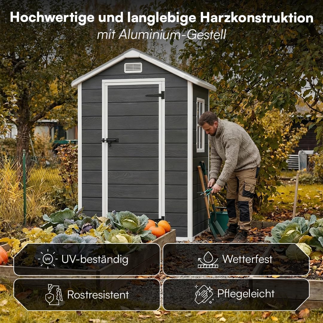 STEELSØN Novara Gerätehaus – Gartenschuppen mit Satteldach & Fenster – Gartenhaus 202x103x134 cm (HxTxB) – Geräteschuppen aus Kunststoff in Dunkelgrau – Gartenhütte wetterfest & rostfrei – Schuppen