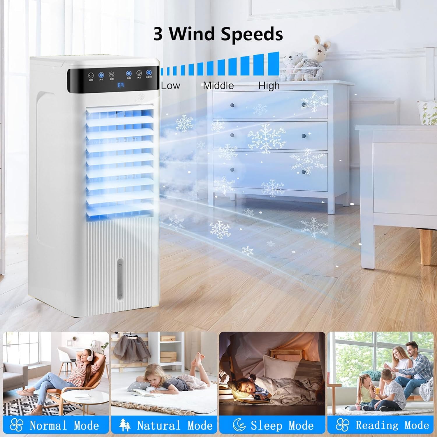 Tragbares 3-in-1-Klimagerät mit Doppelmotor, Verdunstungskühlung, 3 Geschwindigkeitsstufen, großem Wassertank, 12-Stunden-Timer und Fernbedienung – für Schlafzimmer und Büro