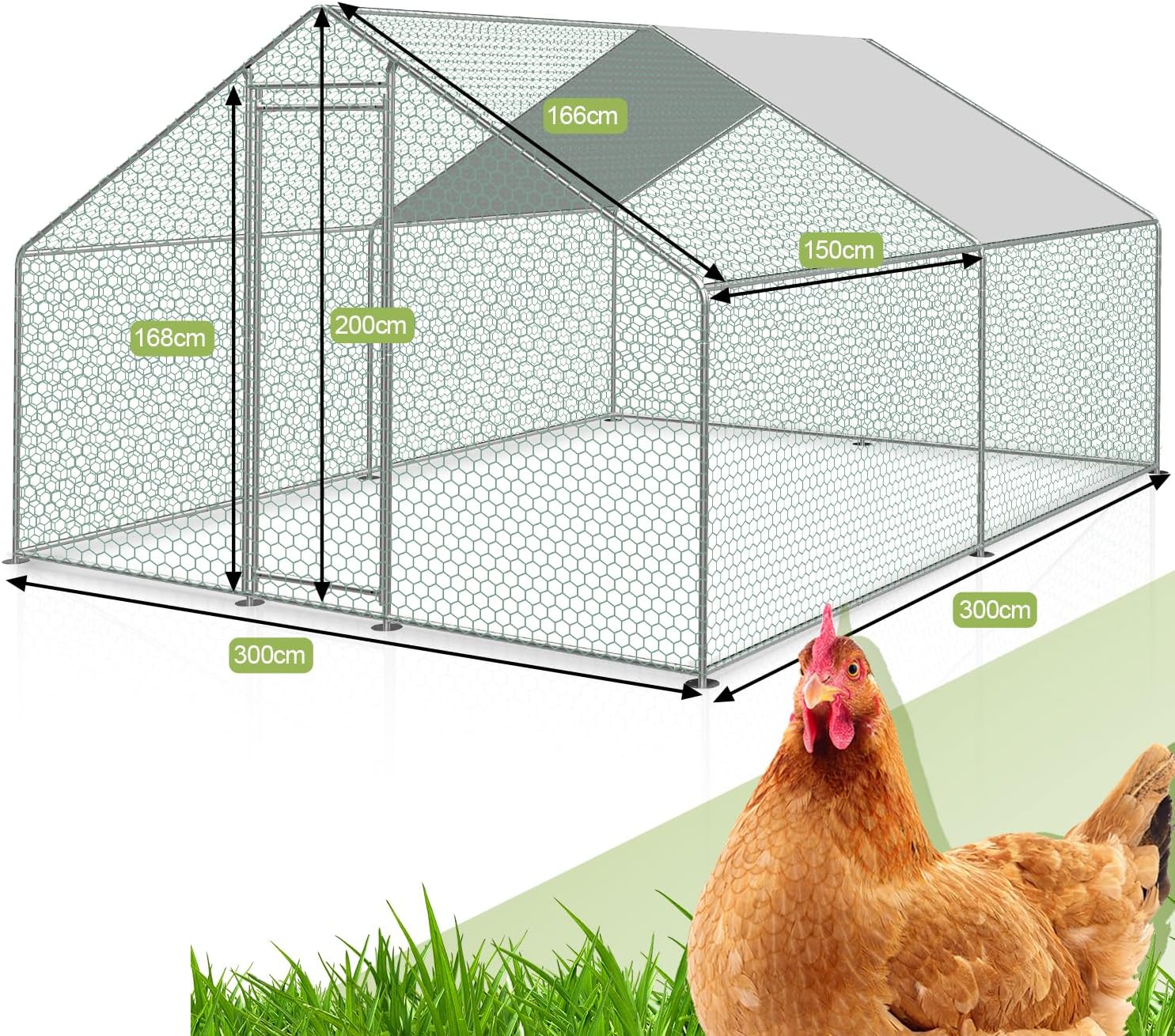 Sonnewelt Freilaufgehege 3x3x2m Hühnerstall Verzinkter Stahl Kleintierstall Hühnerhaus Dach Geflügelstall mit Sonnenschutzdach und Tür für Haustierkäfig Hühnerkäfig Vogelkäfig Kleintiere Pflanzen