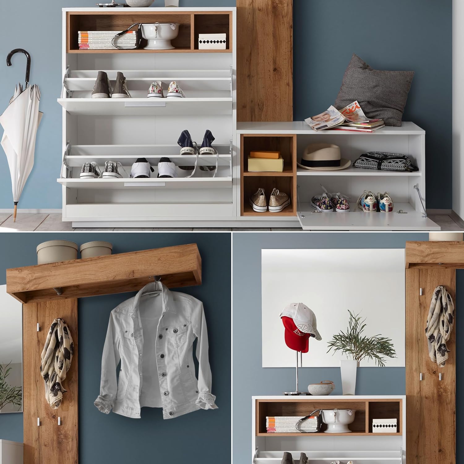 Sixx Flurgarderoben Set in Weiß Hochglanz/Sandeiche Optik - Moderne Kompaktgarderobe 4-teilig für Ihren Eingangsbereich - 195 x 195 x 36 cm (B/H/T)