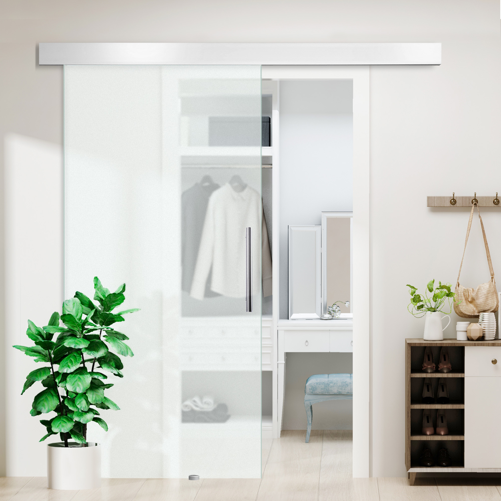 glazen schuifdeur schuifdeur kamerdeur met handgreep aan ����n zijde gesatineerd 2050 x 1025 mm