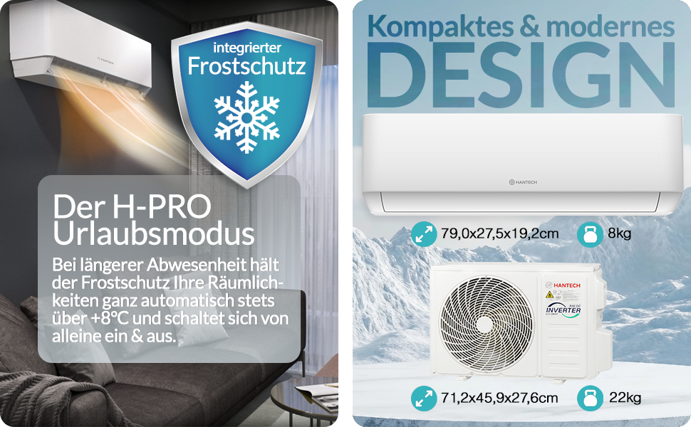 Produktinformationsdisplay mit Frostschutzmerkmalen und Konstruktionsspezifikationen, mit Schneeflockensymbol und technischen Abmessungen in blau-weißer Farbgebung