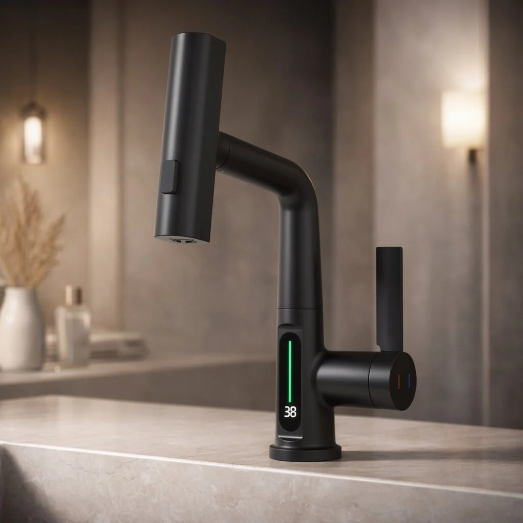 Flexibler Wasserhahn mit LED-Temperaturanzeige und 5 Strahlmodi �C moderne K��chen- und Badarmatur