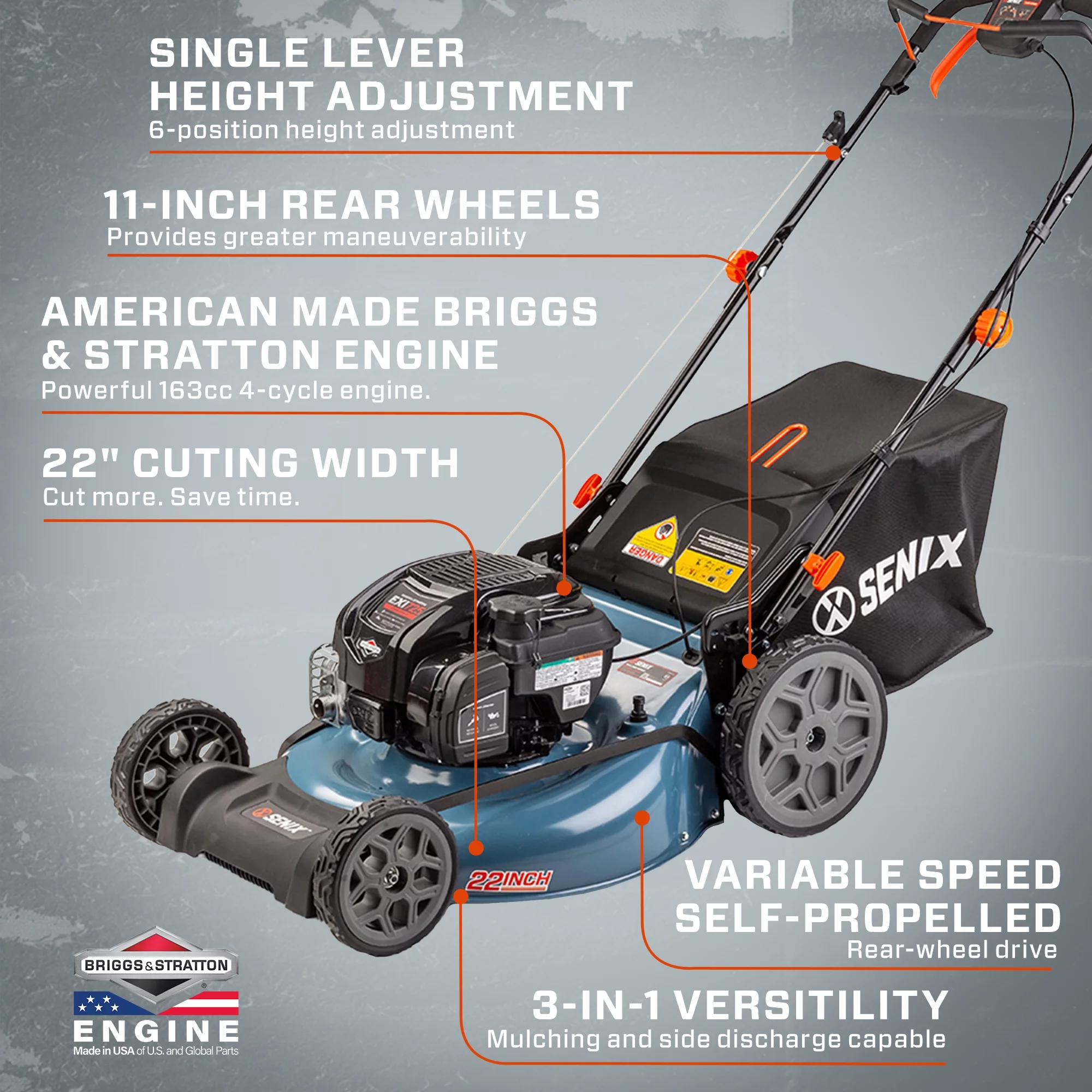 2025 SENIX Zelfrijdende Grasmaaier 22 inch, Benzinemotor 163 cc 4-Takt, Variabele Snelheid, 3-in-1 Systeem, 11 Inch Achterwielen, Model LSSG-H2