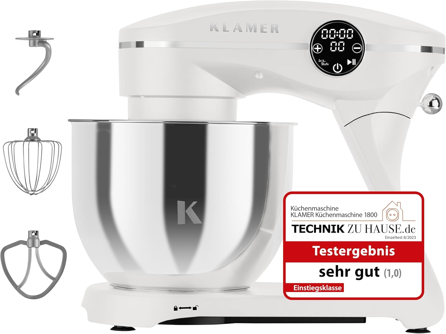 KLAMER Küchenmaschine 1800W, Knetmaschine Brotteig mit Edelstahl-Rührschüssel 6 L, 10 Stufen mit Timer, Planetenrührwerk, Rührbesen, Knethaken, Schneebesen & Sichtdeckel (schwarz)