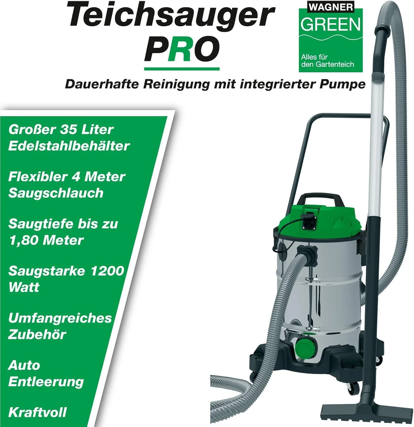 Wagner Green Vijverstofzuiger PRO VA | Non-stop zuigen | complete vijverslibzuiger voor het reinigen van tuinvijvers, zwemvijvers, visvijvers, zwembaden en huizen