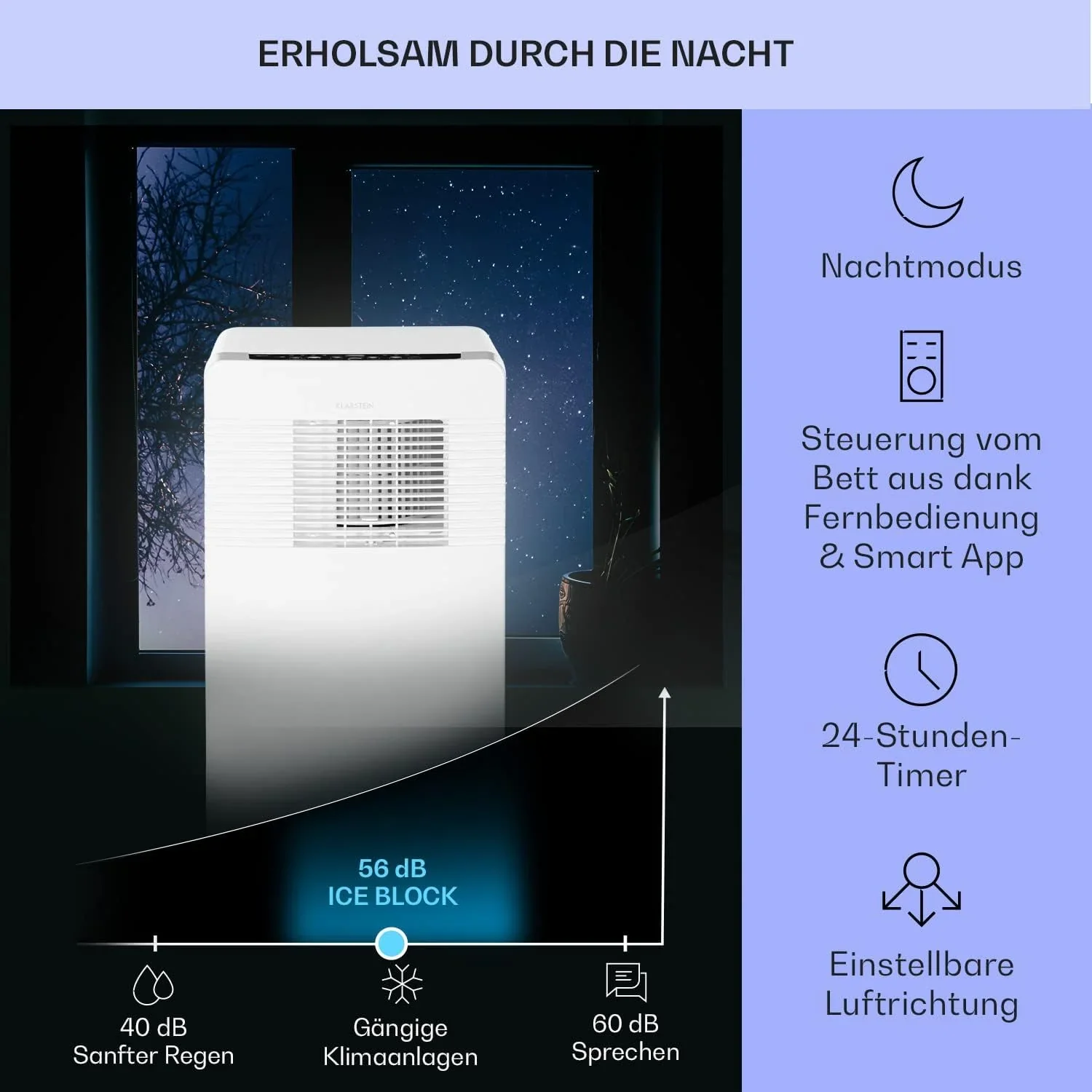 Klarstein Mobile Klimaanlage mit Abluftschlauch, 3-in-1 Klimager?t mit Ventilator, Luftentfeuchter & Nachtmodus, Kleine & Portable Klimaanlage f��r Wohnung & B��ro, 12000 BTU Niedrig Verbrauch