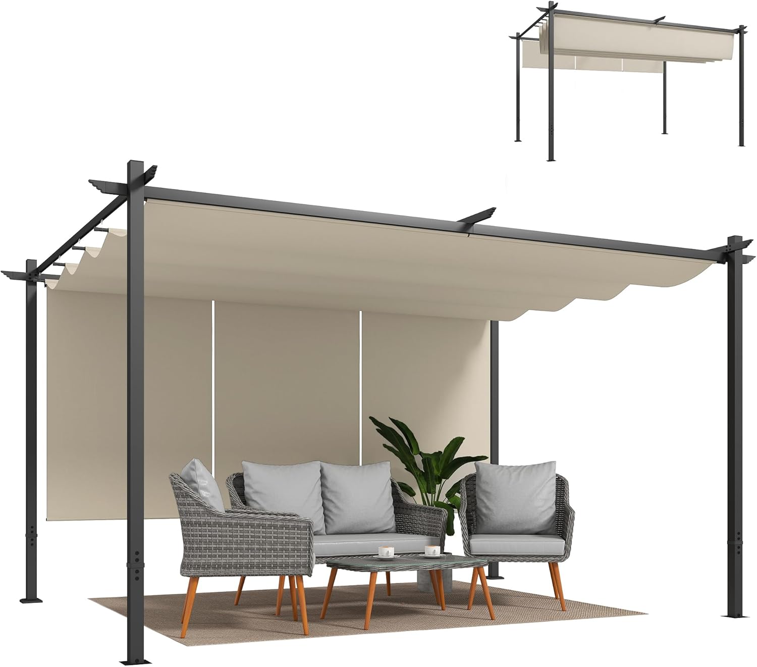 Outsunny Pérgola de Jardín 4x3 m con Techo Retráctil y 3 Laterales Enrollables, Cenador de Jardín Montado en Pared o Independiente, con UPF30+, Estructura Metálica, Pabellón para Exterior, Beige