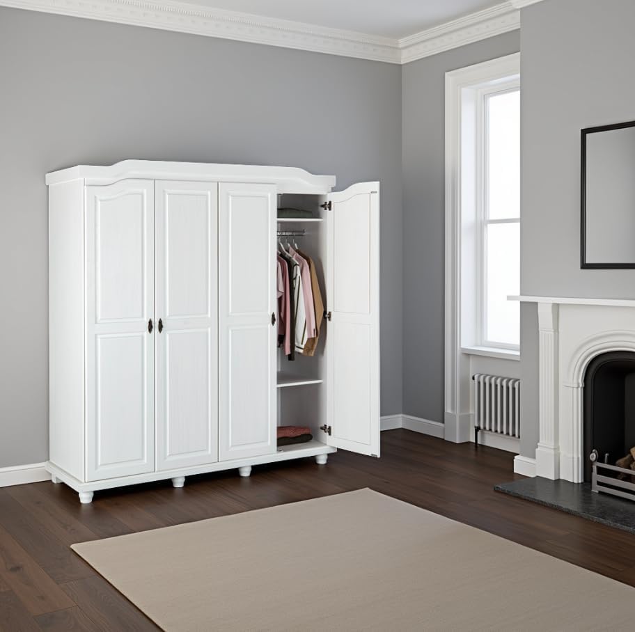 Inter Link - Large Functional Wardrobe - 4 Doors - 4 Holes - 2 Cabinets - Solid Pine Wardrobe - White Varnish - Width: 183 cm Depth: 60 cm Height: 198 cm - Isny