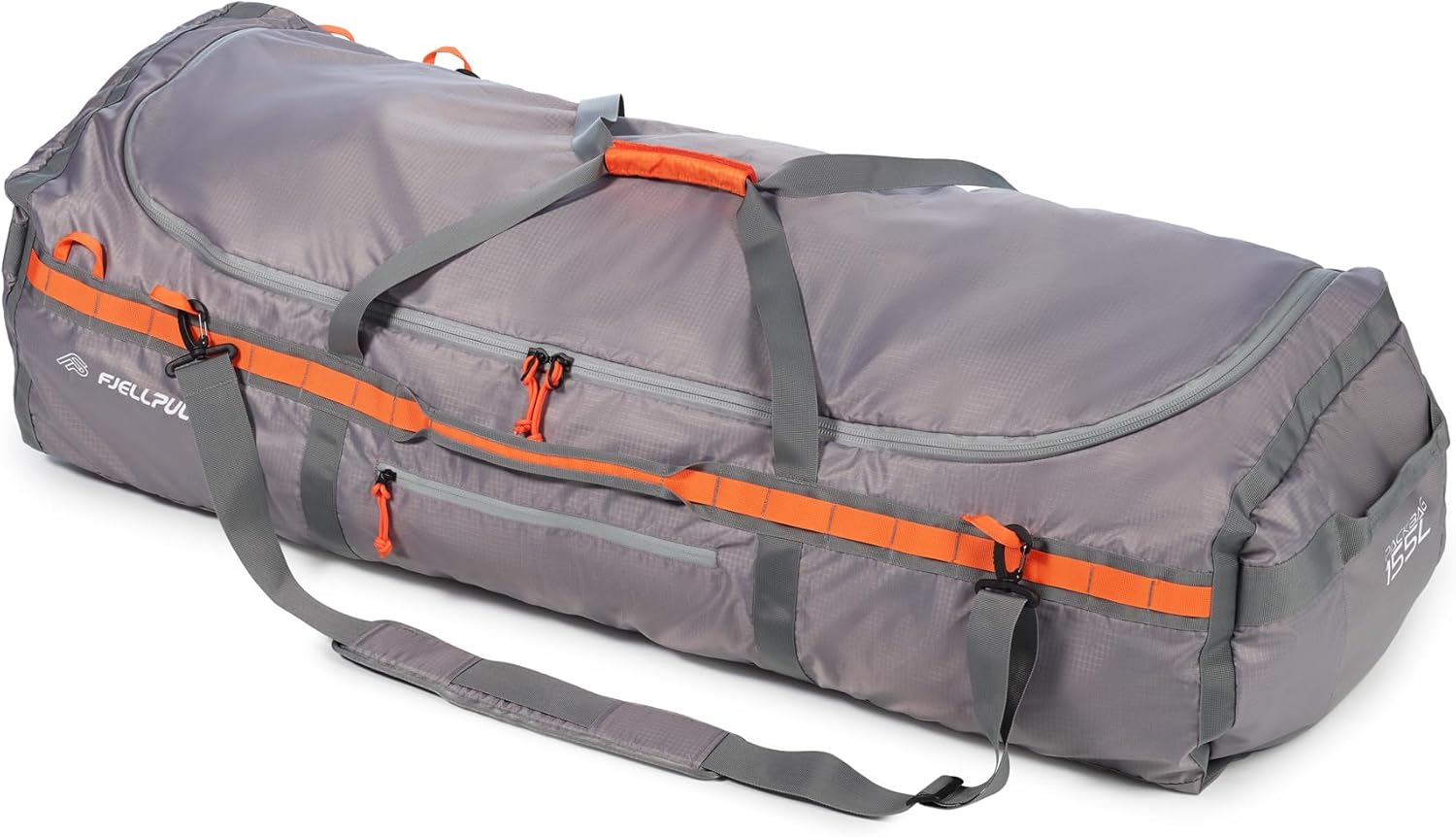 Packtasche für Sportausrüstung, robuste Seesäcke für Camping, Motorradfahren, Skifahren und Camping, Ausrüstung für Abenteuer, grau / orange, 155 Liter, Faltbare Multifunktionstasche