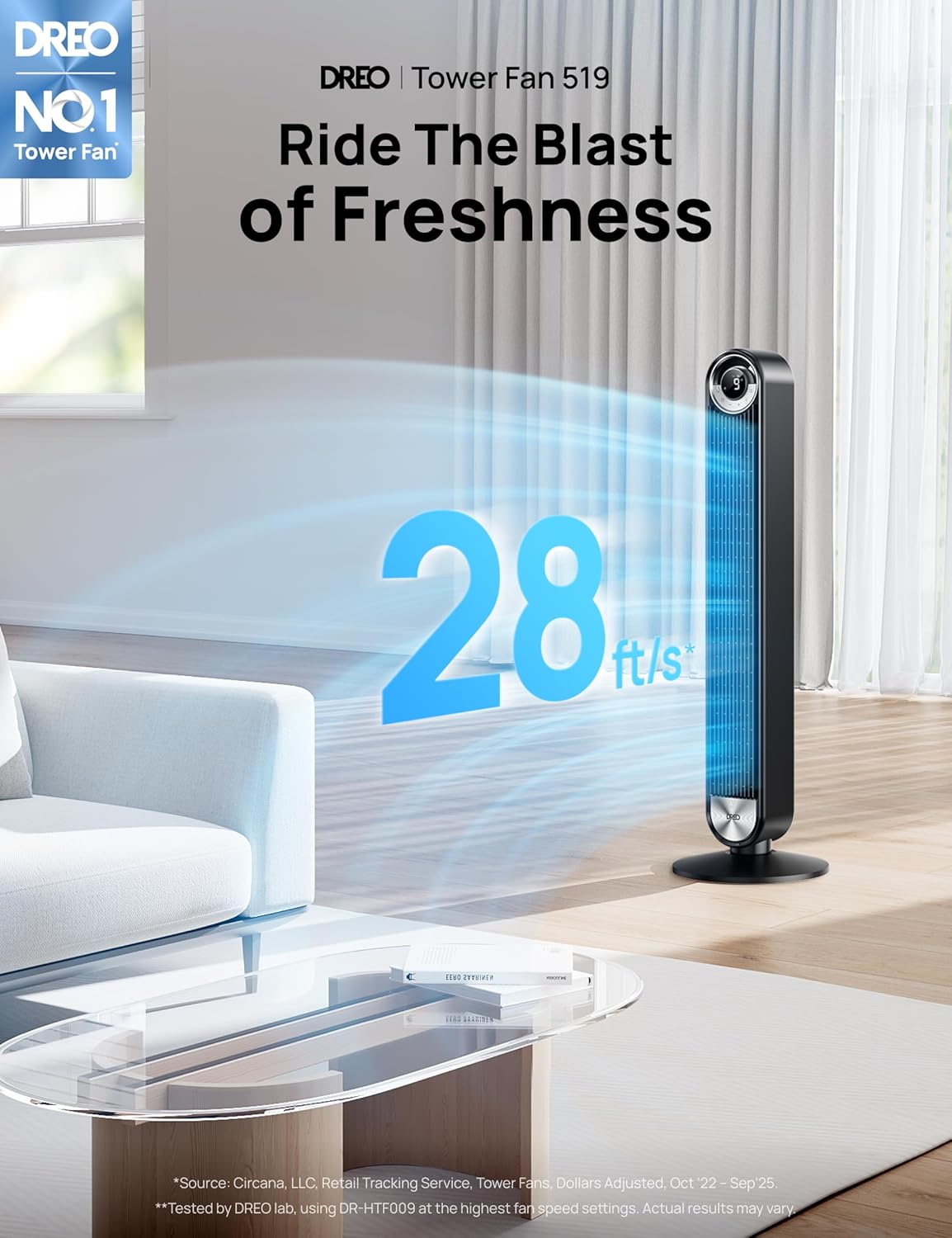 Dreo - Ventilador de torre con mando a distancia, ventiladores oscilantes de 90° de ancho para dormitorio, 106,7 cm, 6 velocidades, 3 + 1 modos, gran pantalla LED, control táctil, temporizador 12h