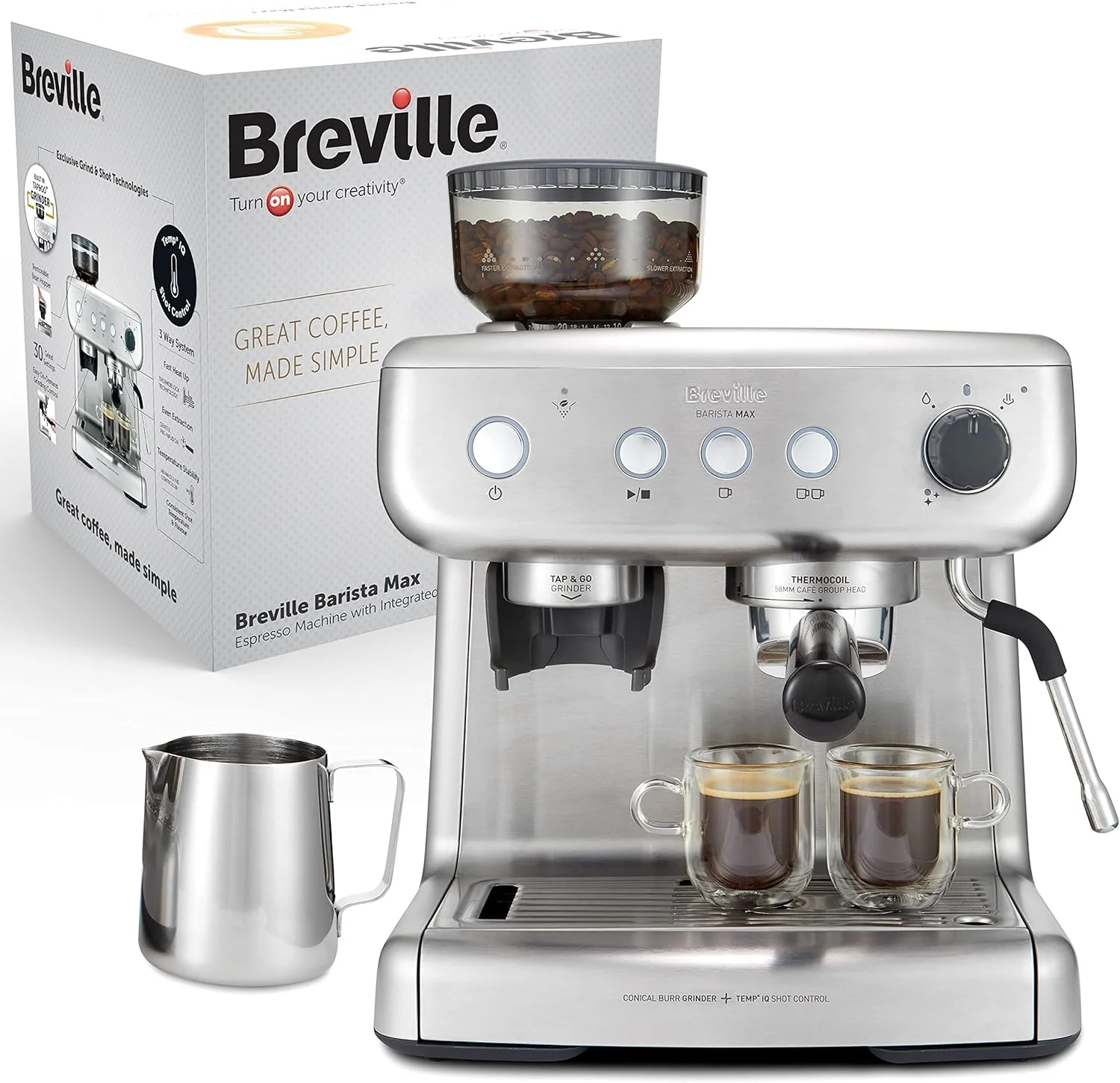 Breville Barista Max Espressomachine | Espressomachine/Koffiemachine met ge?ntegreerde bonenmaler en melkopschuimer | 2,8L waterreservoir | Italiaanse pomp met 15 bar | Roestvrij staal [VCF126X]