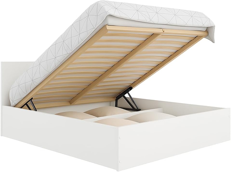 Doppelbett 120x200cm, Stauraumbett mit Bettkasten & Birkenholz Lattenrost, Robustes Bett mit Kopfteil, Bettgestell aus Schichtstoffplatte, ohne Matratze, Weiß