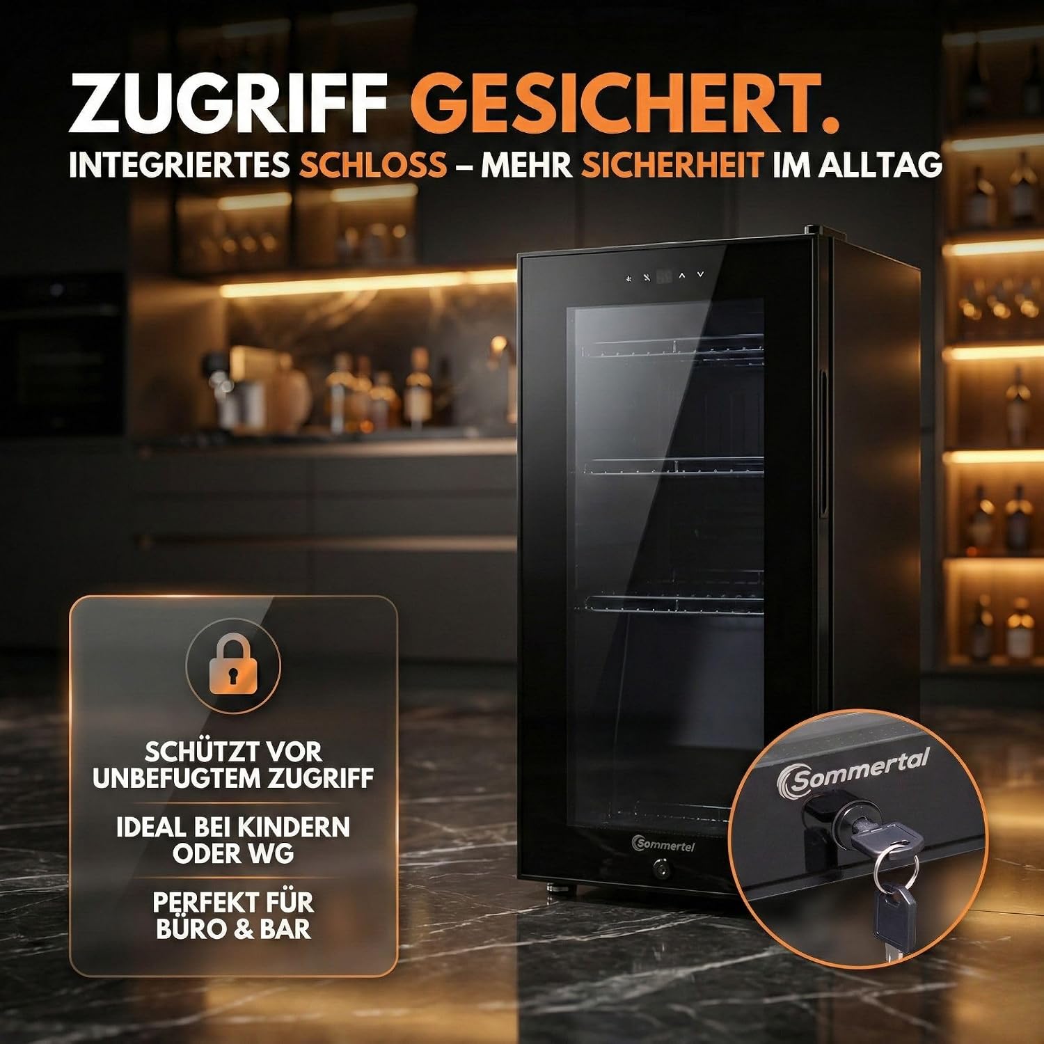 Sommertal Getränkekühlschrank 50L – Mini Kühlschrank schwarz mit Glastür, Touchscreen & LED | Kleiner Flaschenkühlschrank abschließbar & leise für Büro, Zuhause, Bar, Kellerbar & Minibar