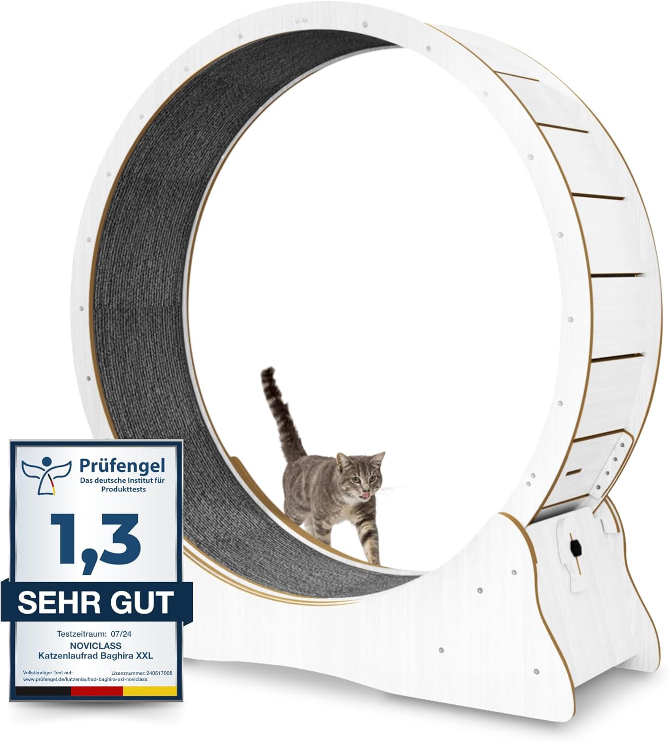 noviclass® Katzenlaufrad Baghira Groß XXL | 132cm Durchmesser Artgerecht für große Katzen | Kratzfest, stabil und leise | Gratis Spielzeug und E-Book | Geprüfte Qualität (Weiß)