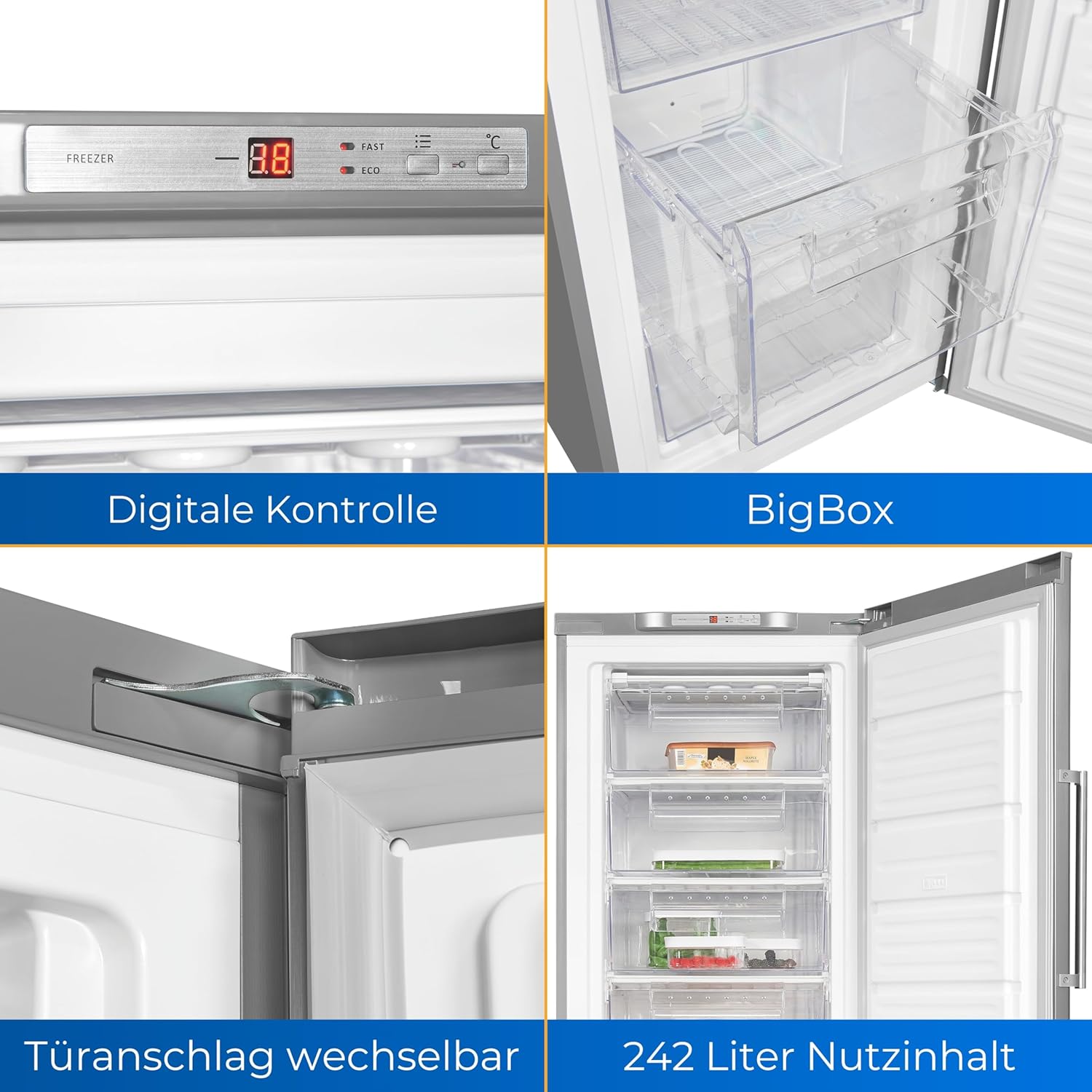 Exquisit Gefrierschrank GS280-HE-040D inoxlook | Tiefkühlschrank Gross 242 Liter | 4* Schnellgefrieren | Gefrierschrank Gross | Türanschlag wechselbar