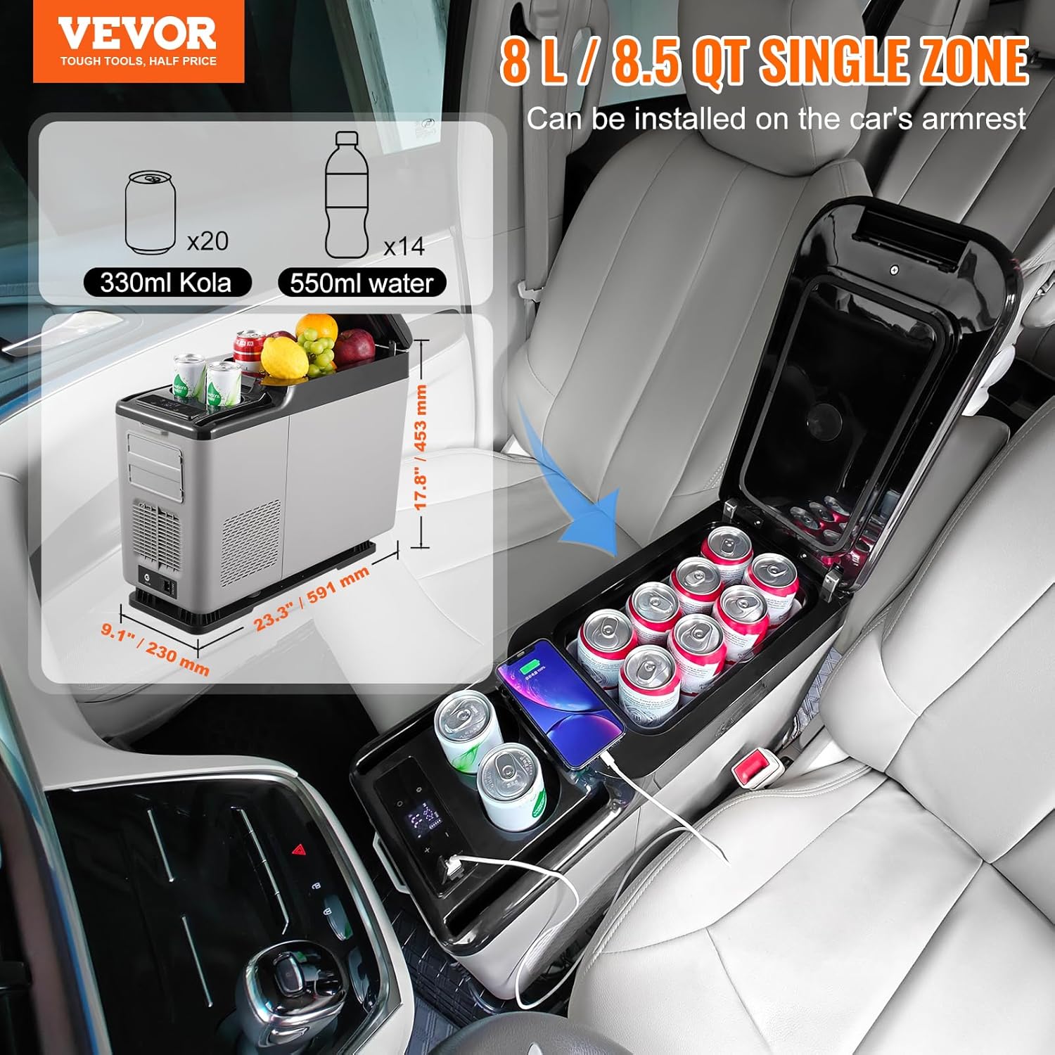 VEVOR Réfrigérateur Portable à Compression 15 L, Mini Frigo de Voiture 12/24 V CC et 100-240 V CA, Glacière à Zone Unique, -20 °C à 20 °C Température Réglable, pour Camion Bateau Maison Camping