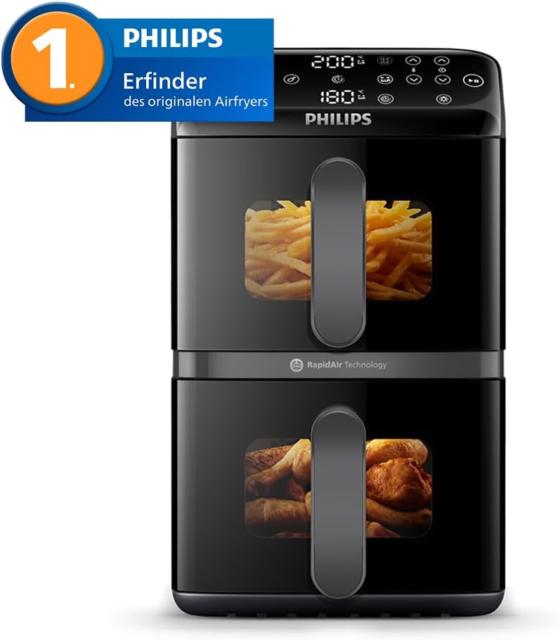 Airfryer 4000 Series Stacked Dual Basket, Gestapelte Heißluftfritteuse mit 2 Körben, 10L, RapidAir Technologie, 45% weniger Platzbedarf, PFAS-freie Keramikbeschichtung, Sichtfenster (NA460/00)