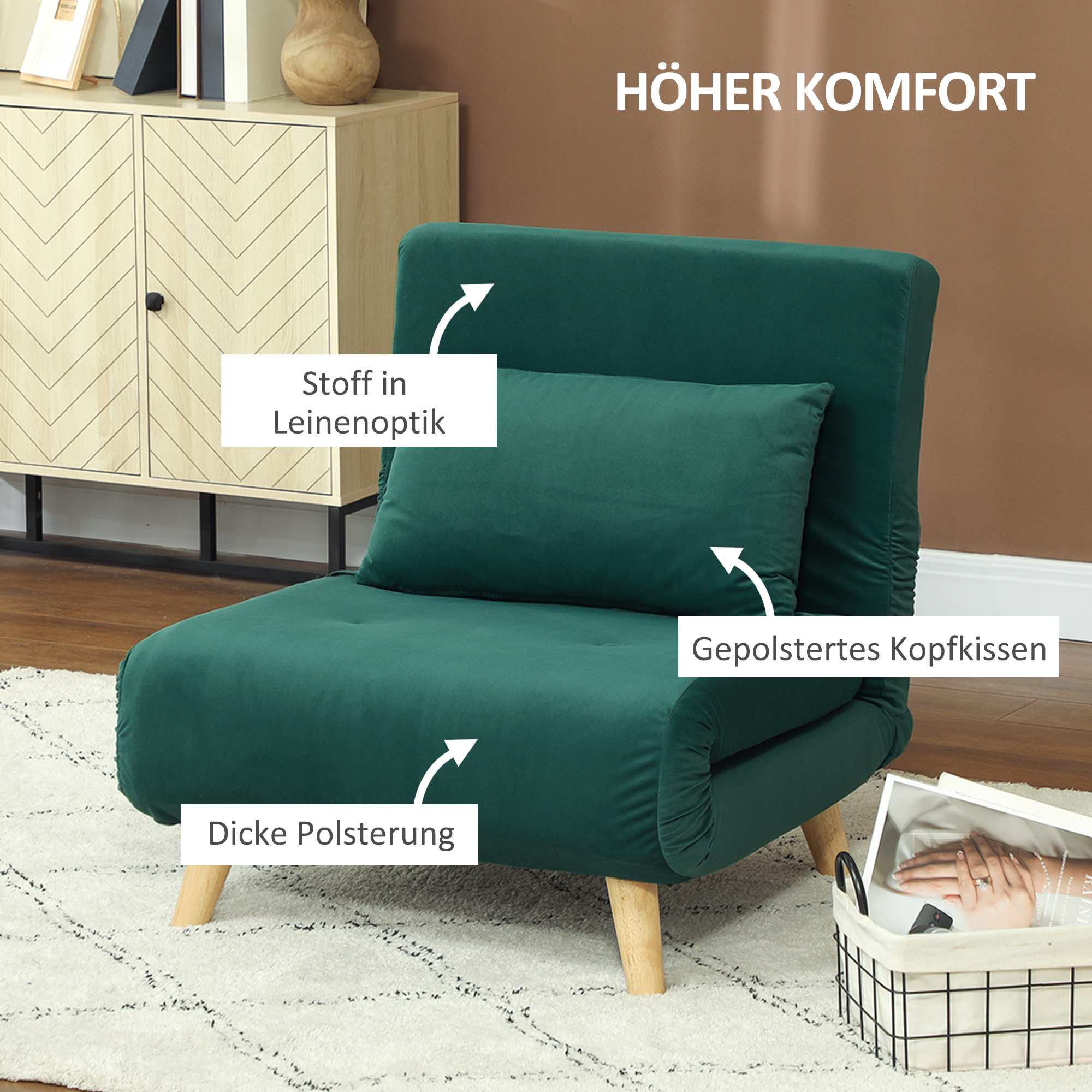 Opklapbare Stoel met Bedfunctie, Opvouwbare Relaxstoel in Fluweel Look, Verstelbare Rugleuning, tot 120 kg Belastbaar, Donkergroen