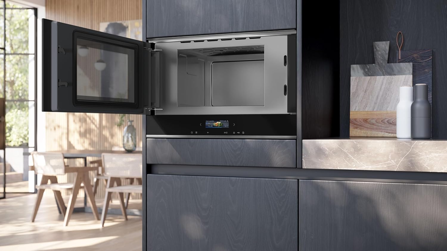 Siemens BF722L1B1 iQ700 Einbau-Mikrowelle, cookControl7 - Automatikprogramme, humidClean Plus - Innenraumreinigung, optimal für den Hocheinbau, seitlich öffnende Drehtür, Schwarz